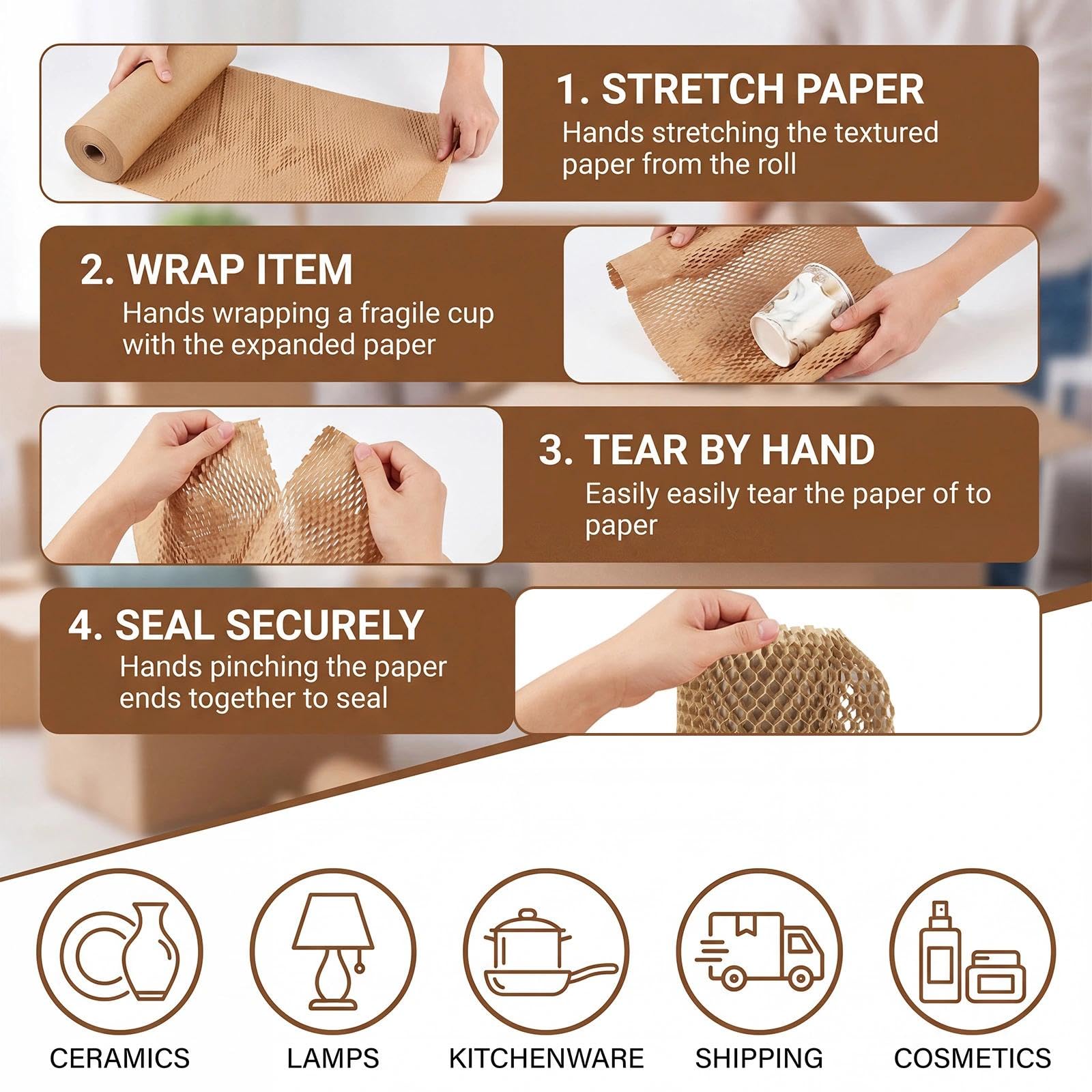 Papier d'emballage en nid d'abeille 30cm x 50m Rouleaux de Calage Recyclés pour Protection Objets Fragiles