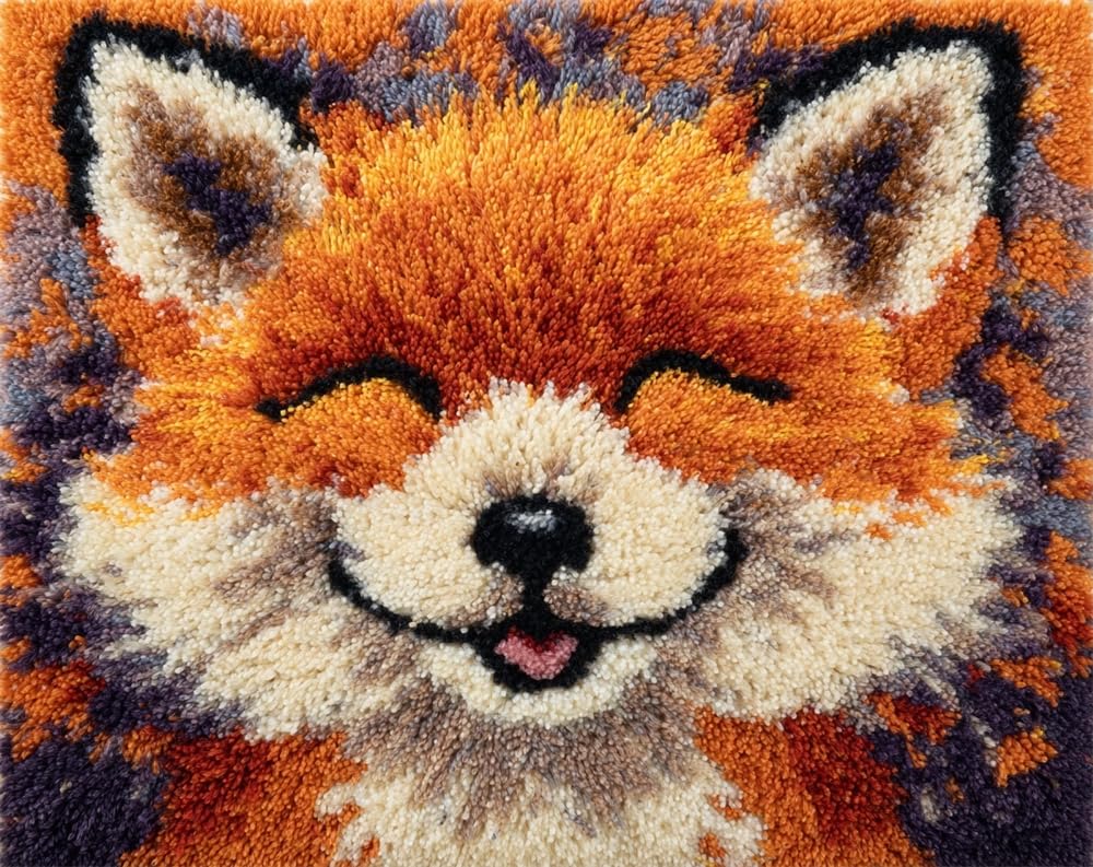 Kitquiver Latch Hook Rug Kits for Adults Smiling Fox DIY with Printed Canvas Crochet Yarn Handmade Embroidery Crafts Crochet for Home Decoration 21X29In