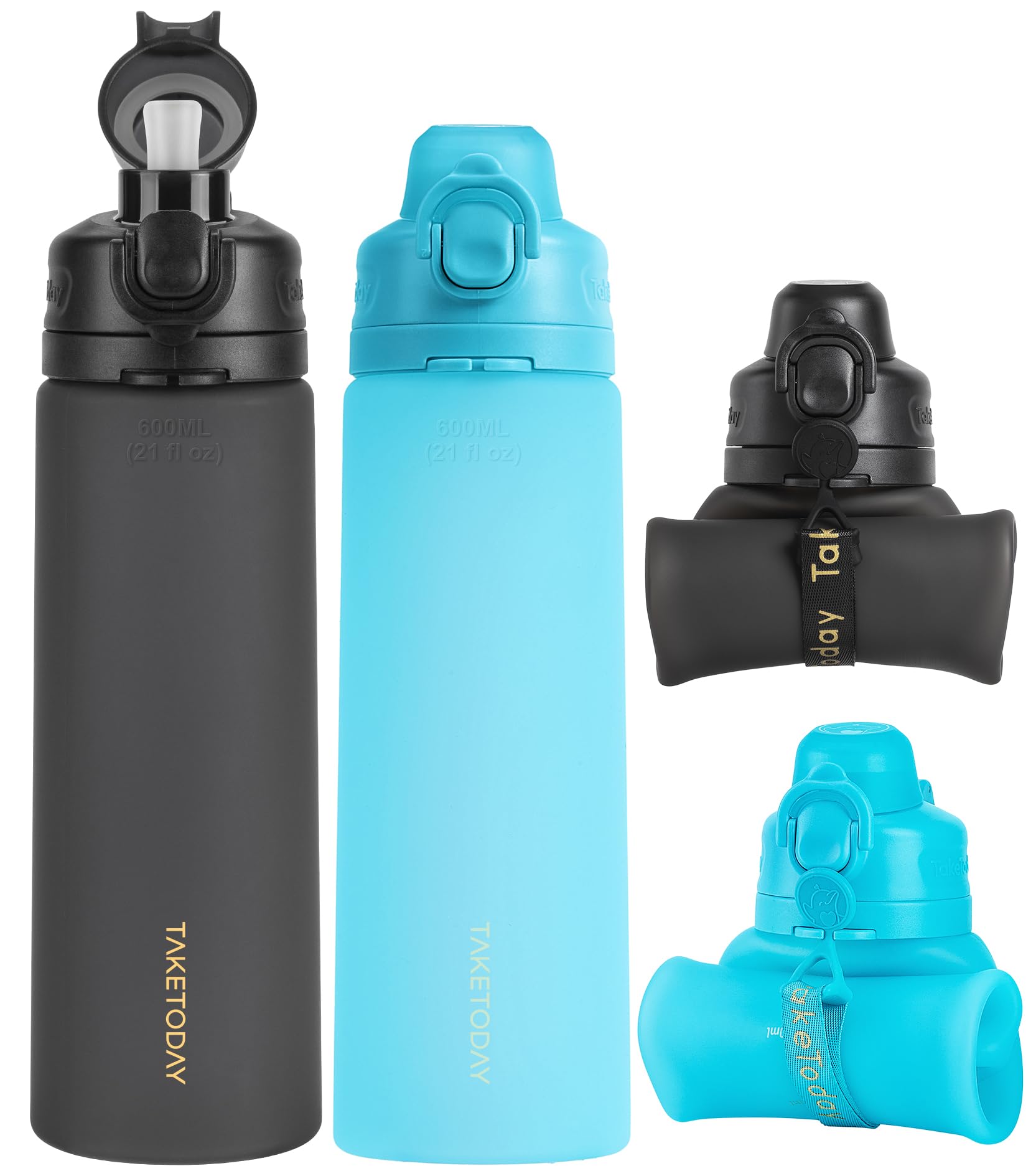 TakeToday Faltbare Trinkflasche 600 ml, 2er-Pack, Schwarz & Ozeanblau