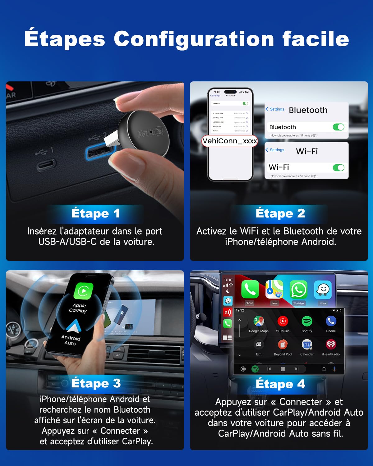 Carlinkit Adaptateur automatique sans fil CarPlay et Android – Mini Ultra 3 Convertir OEM filaire vers dongle sans fil pour iPhone et Android 11+, USB-A/Type-C Plug & Play, connexion rapide, mise à