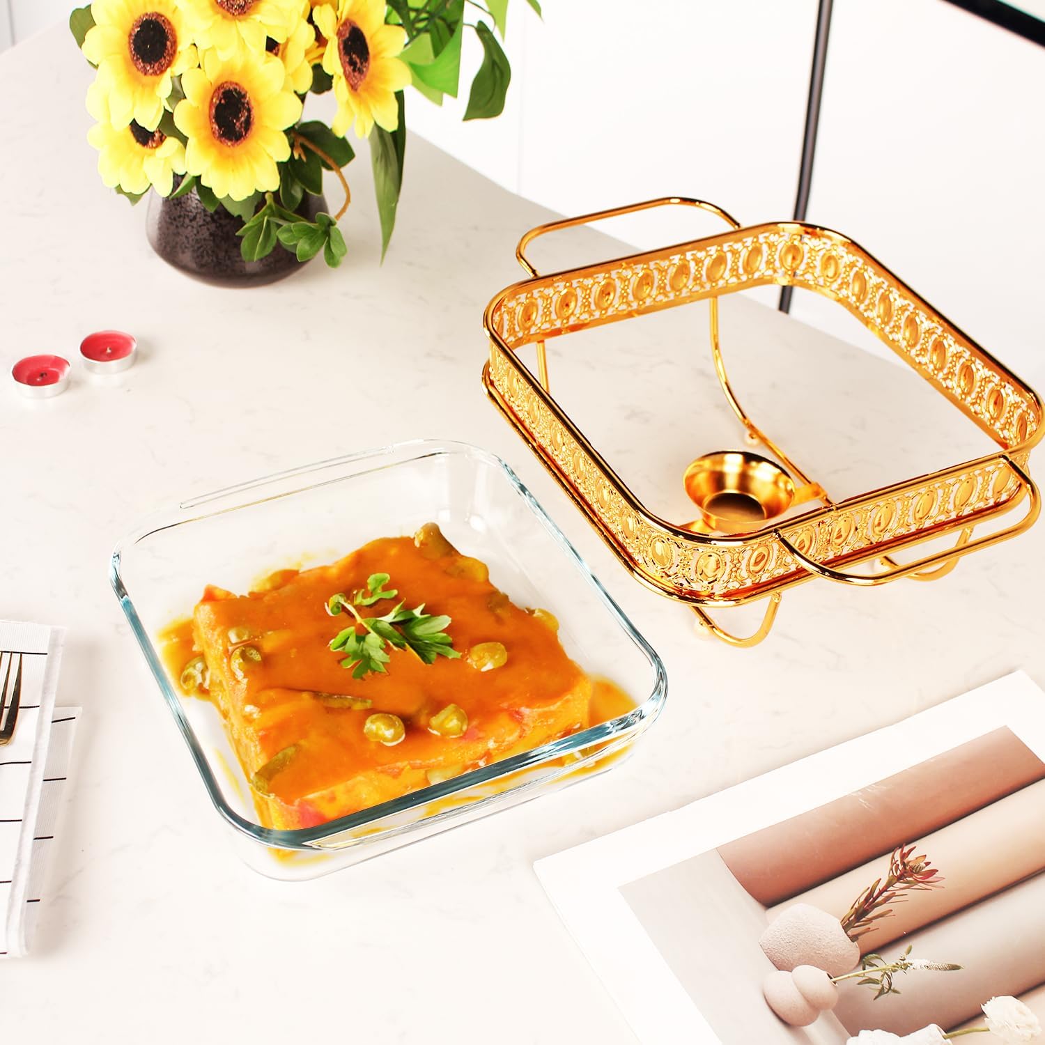 Casserole Dish 8" x 8" Glass Baking Dish with Stainless Steel Lid and Rack, Golden Square 1.4 Qt Large Baking Pan for Casserole & Lasagna, Microwave Dishwasher Freezer Oven Safe