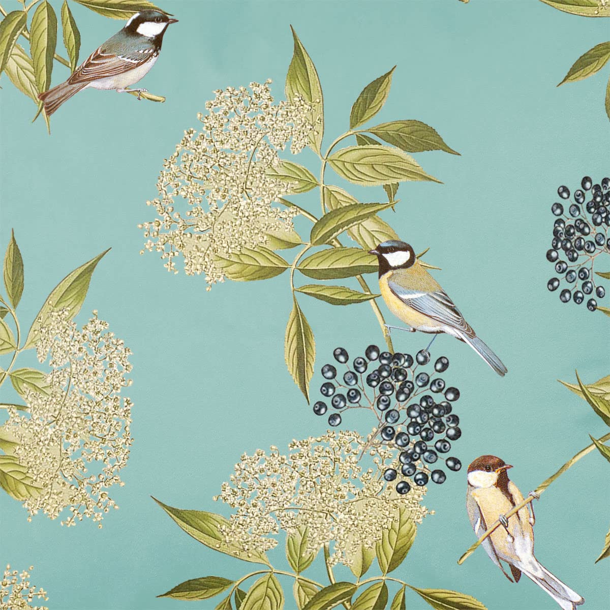 Izabela Peters Blue Surf Luxury Upholstery Curtain Fabric - Eco-Friendly Velvet - Designer Blind, Craft, Sewing Fabric By The Metre - Bird On Elderflower - 1 Metre