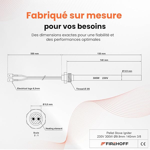 Bougie d'allumage pour poêle à granules - 300 W, 140 mm, diamètre 9,9 mm, filetage 3/8 avec 2 cosses males 6,3mm - GARANTIE 2 ans - 4
