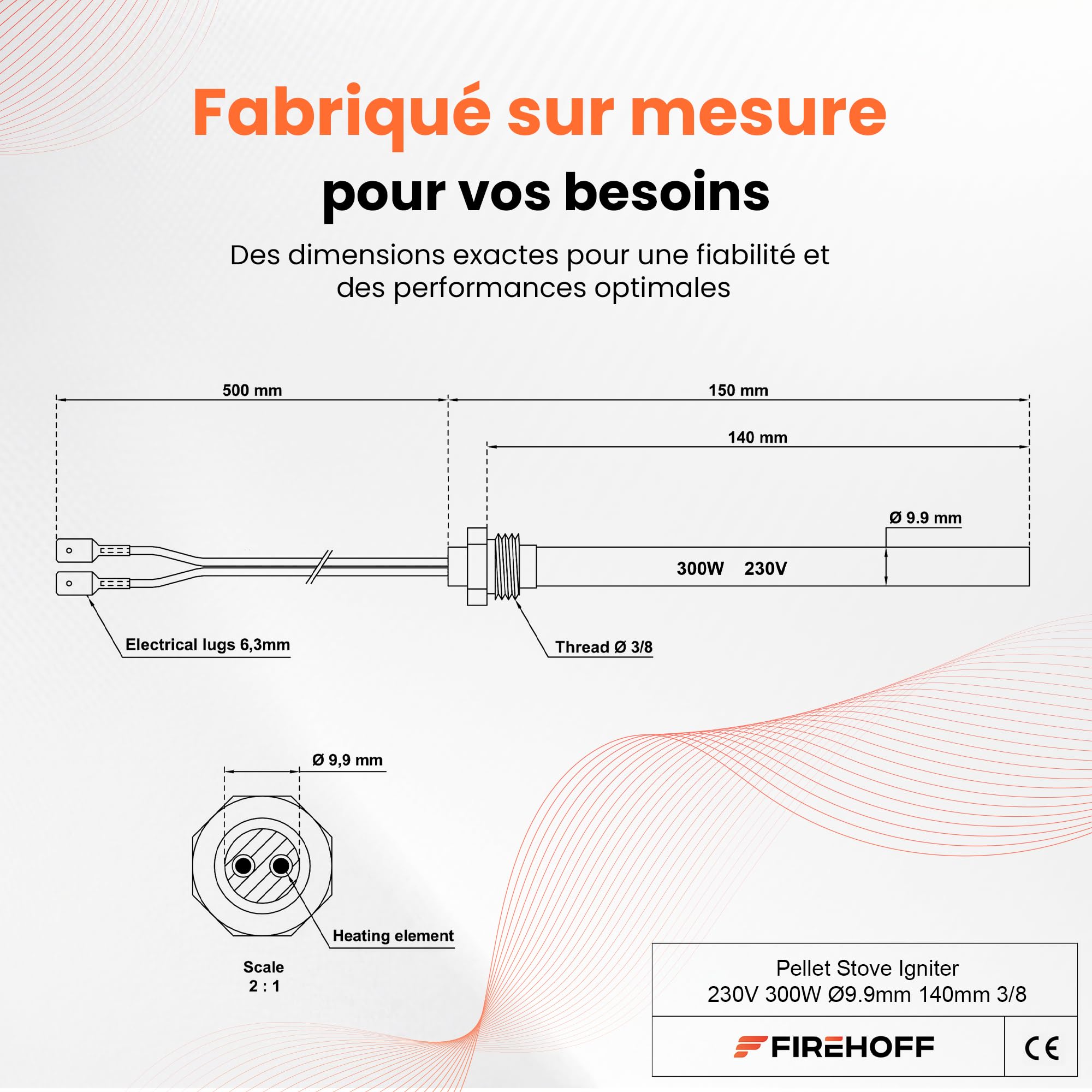 Bougie d'allumage 300 W 140 mm 9,9 mm filetage 3/8 2 cosses mâles 6,3 mm pour poêle à granulés