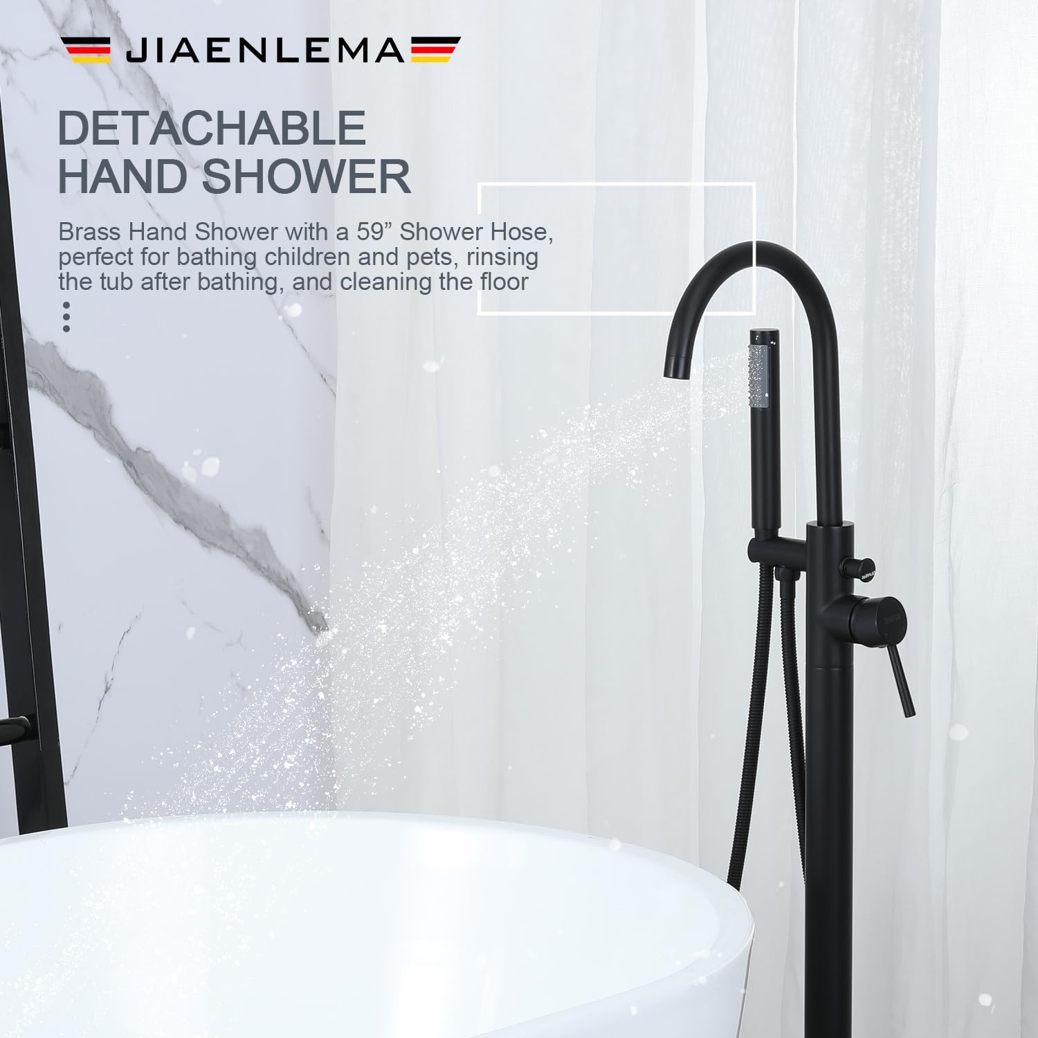 Free Standing Tub Faucet Matte Black Freestanding Bathtub Faucet with Sprayer High Flow Floor Mount Tub Filler with Hand Shower Bathroom Standing Floor Faucets Brass, Single Handle - JIAENLEMA