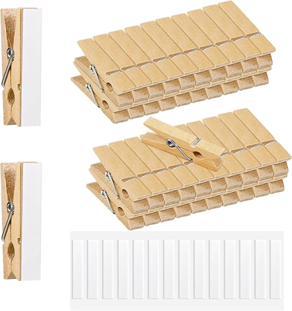 100 Pcs Self Adhesive Clips for Pictures Wood Wall Clips for Photo Cards Poster Hanger Display Boards, Wood Clips with Sticky Strips Photo Clips for Postcard Holders Home Office Room Art Decor