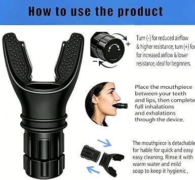 Breathing Trainer, Boost Breathing Exerciser, Portable Respiratory Muscle Trainer, Lung Exercise Device with Soft Silicone for Fitness,Training | Adjustable Resistance | Easy to Clean, Black