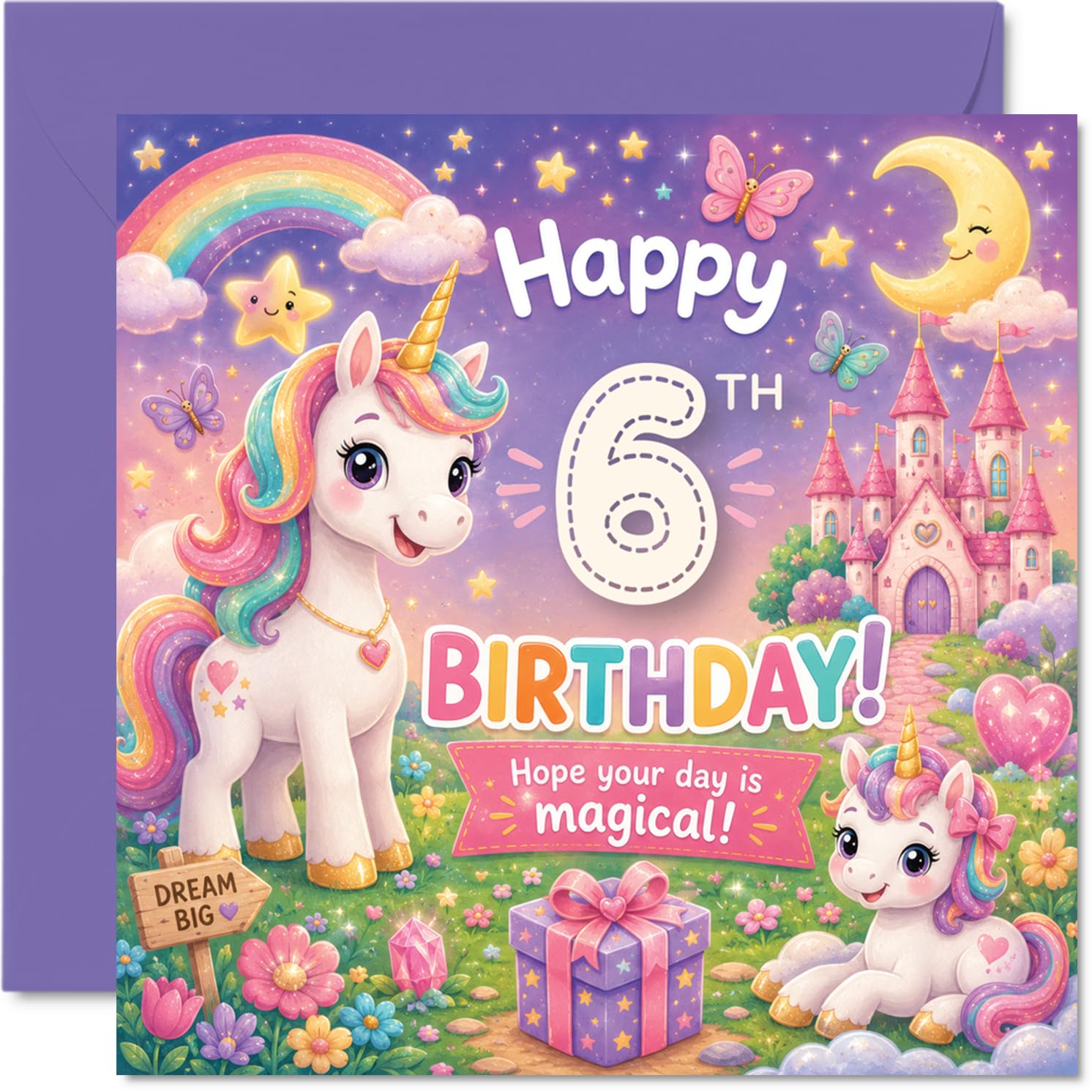 Playful 6th Birthday Card - Bursting with Birthday Magic - Whimsical Unicorn and Castle Scene with Pastel Rainbows - 145mm Square, Envelope Included