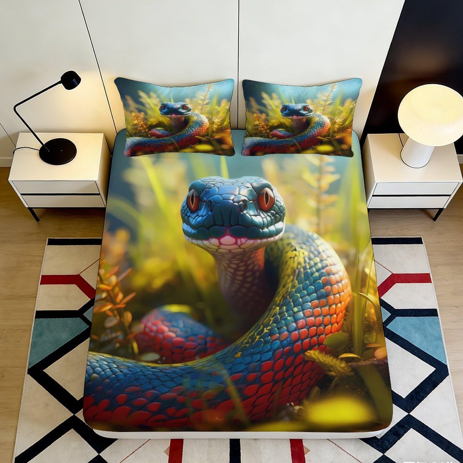 3D Printed Colorful Snake Fitted Sheet Microfiber Soft Breathable Vibrant Reptile Bed Cover for Bedroom Dormitory Guest Room Mattress Protection Decor 180x200x25cm