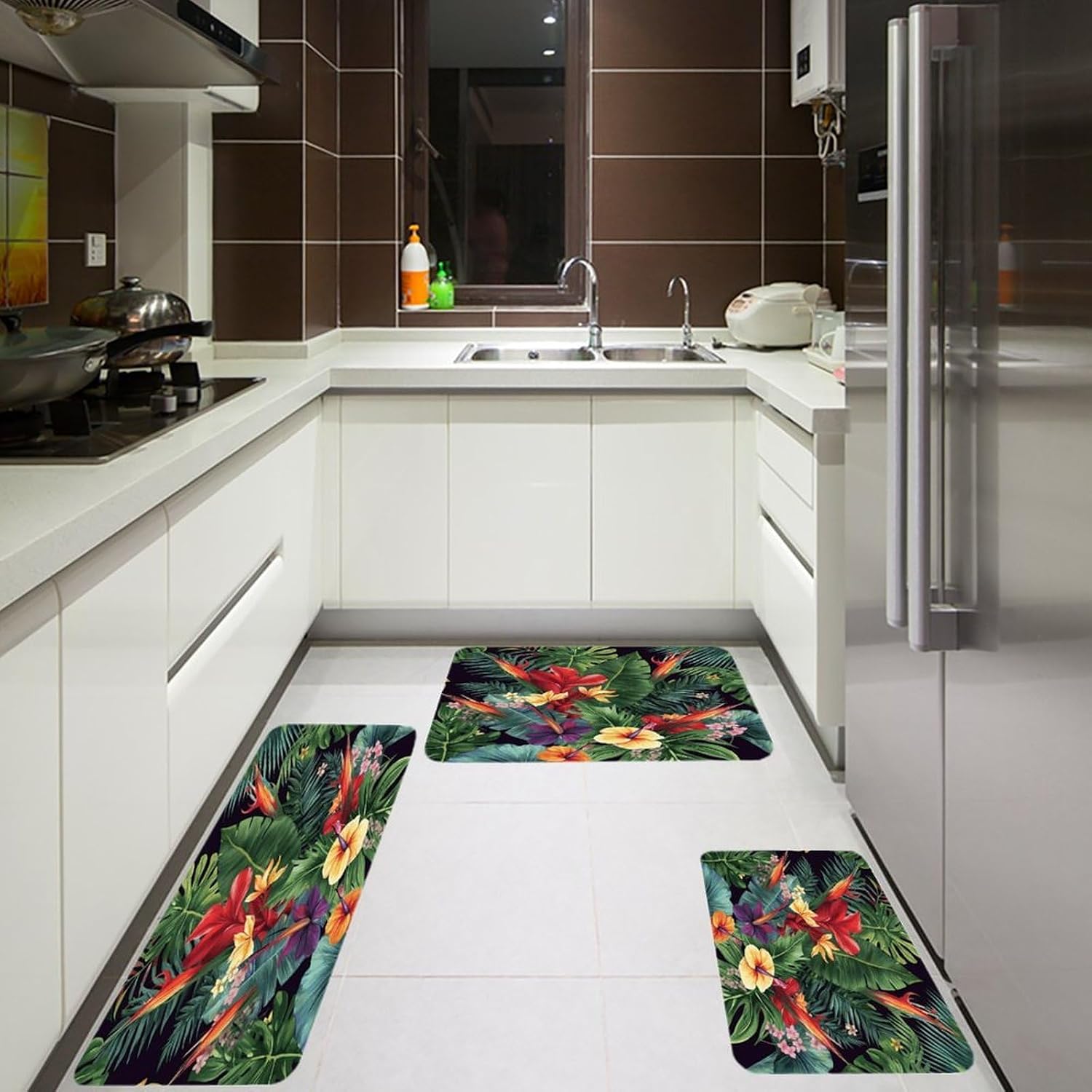 Tropical Plant Flowers Kitchen Rugs Sets of 3 Washable Non Slip Kitchen Rug Water Resistant Carpet Piece Anti Fatigue Kitchen Mats Soft Comfort Standing Mat Modern Area Rug