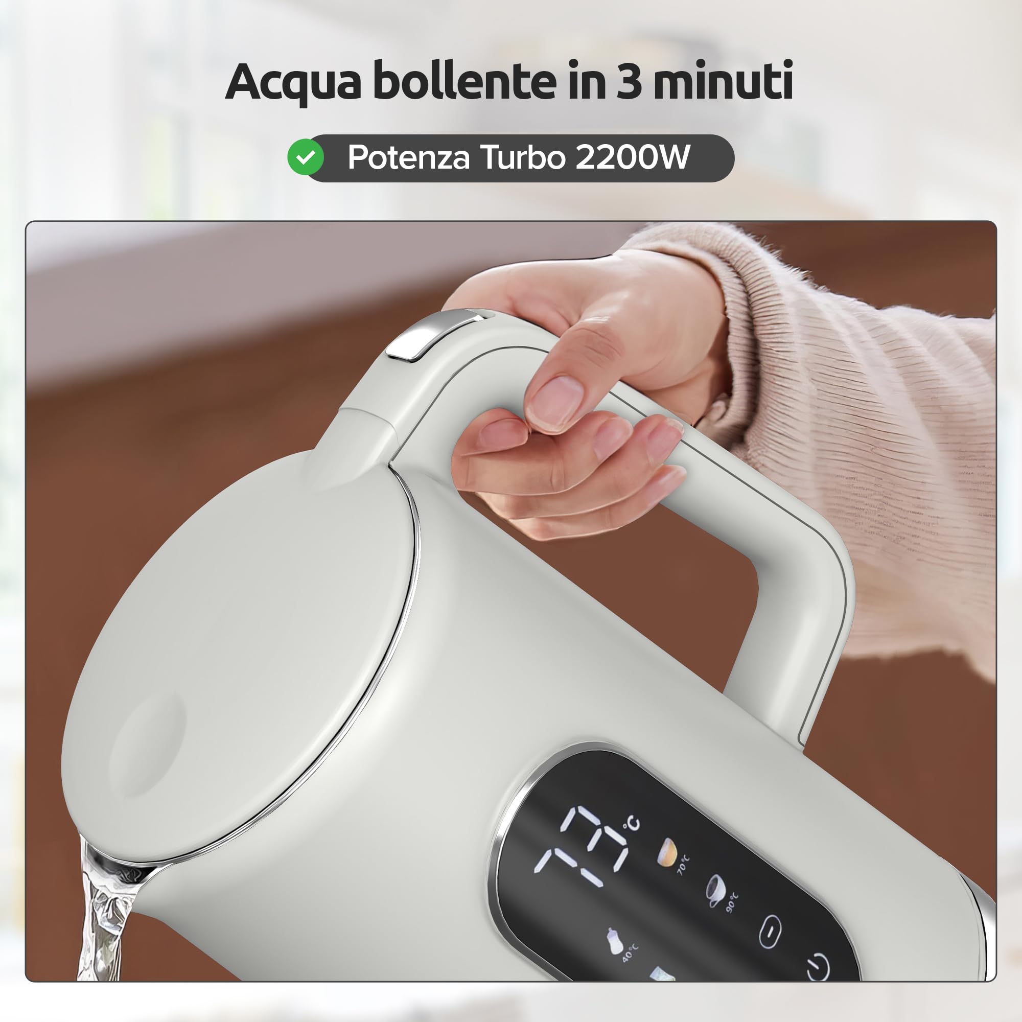 Olvy Bollitore Elettrico Senza Fili 1,7L con Controllo della Temperatura – Kettle Elettrico in Acciaio Inox, Doppia Parete Isolante, Funzione Mantenimento Caldo – Bollitori Elettrici 2200W