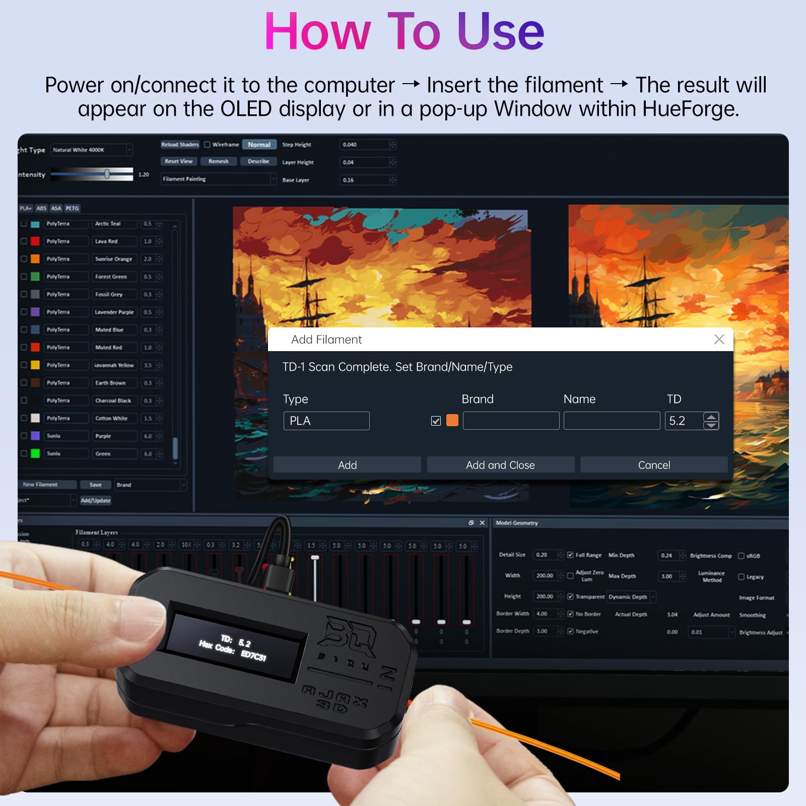 BIQU AJAX TD1S tester filamentu, kompatybilny z Bambu-Lab do drukowania wielokolorowego, obliczania odległości transmisji i kodu hex kolorów, integracja HueForge, Plug and Play, wyświetlacz OLED w
