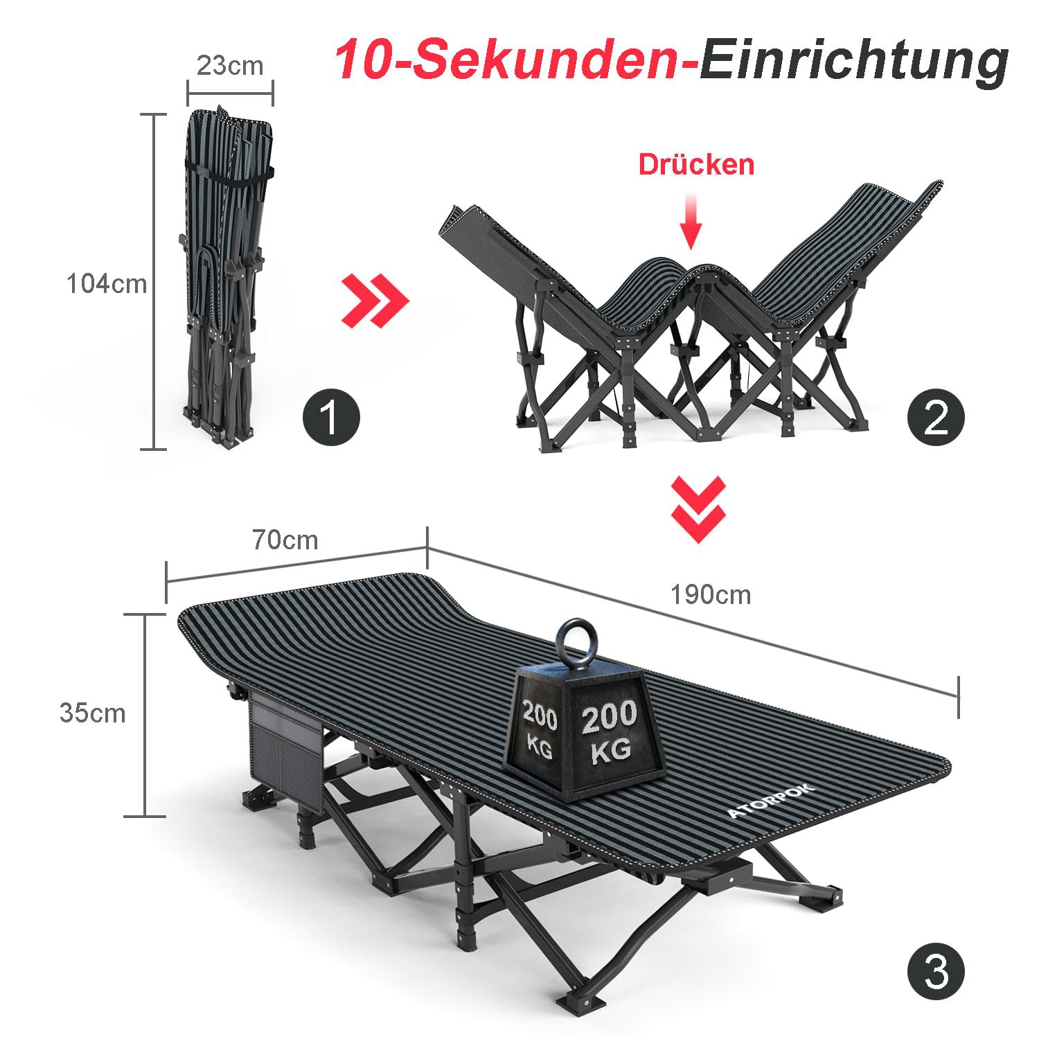 ATORPOK SHOP Campingbett feldbett klappbar, Faltbar Gästebett bis 200 kg für, Belastbar Tragbar Tasche Liege Reise Bequem