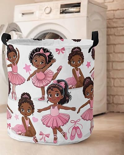 Miniatura 6 de Cesta de lavandería africana negra para bailar ballet, impermeable, plegable, falda rosa, lazo de estrella, bolsa de almacenamiento grande para