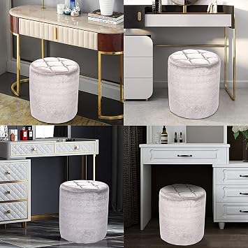 Shoze Round Dressing Table Stool Upholstered Velvet Plush Vanity Chair Folding Storage Box Seat Legs Padded Footrest Reception Chair 37CM *30CM (Silver)