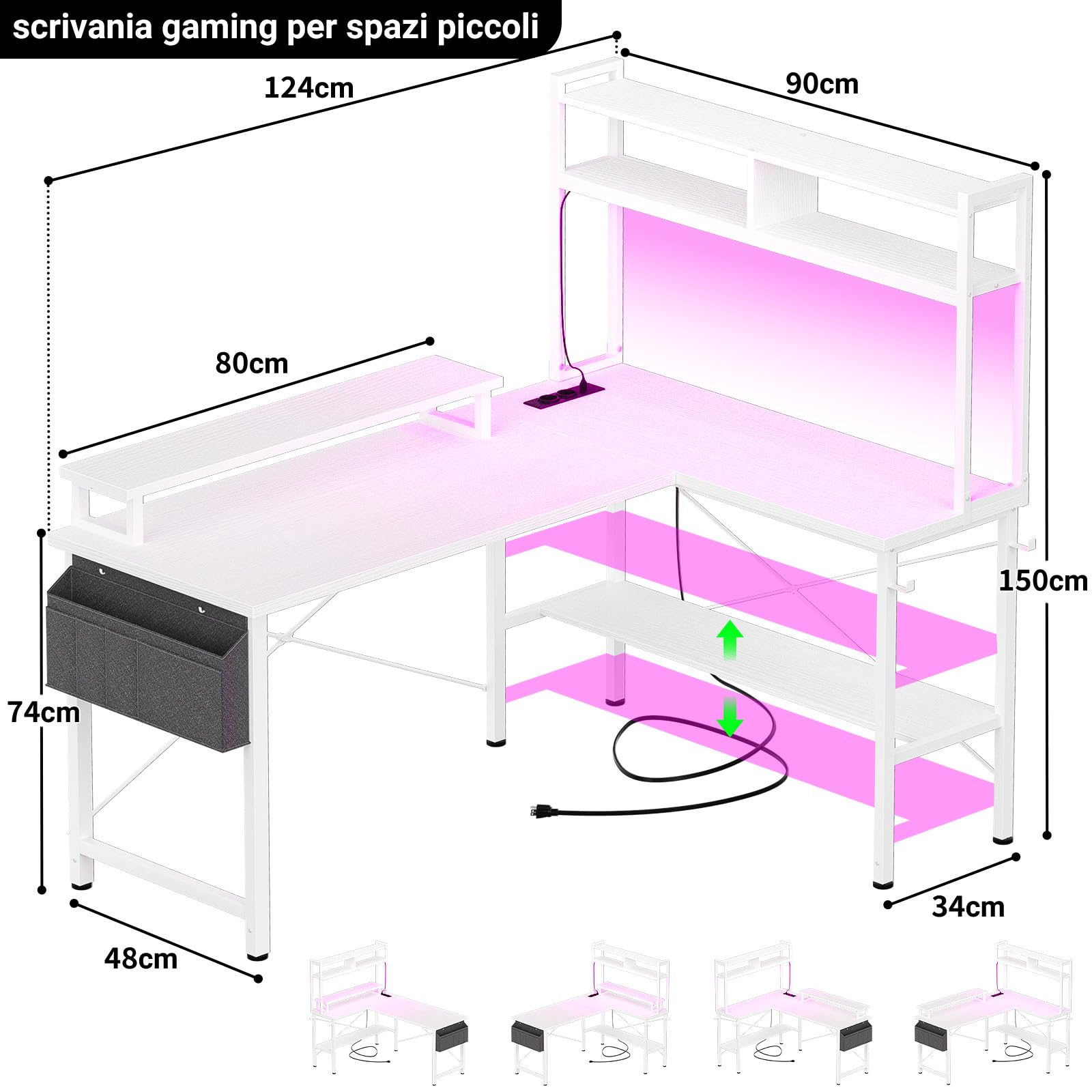 Homieasy Scrivania Gaming Angolare 124cm con LED e Prese, Bianco | Reversibile, Libreria, Supporto Monitor e Borsa, Salvaspazio, Metallo e MDF