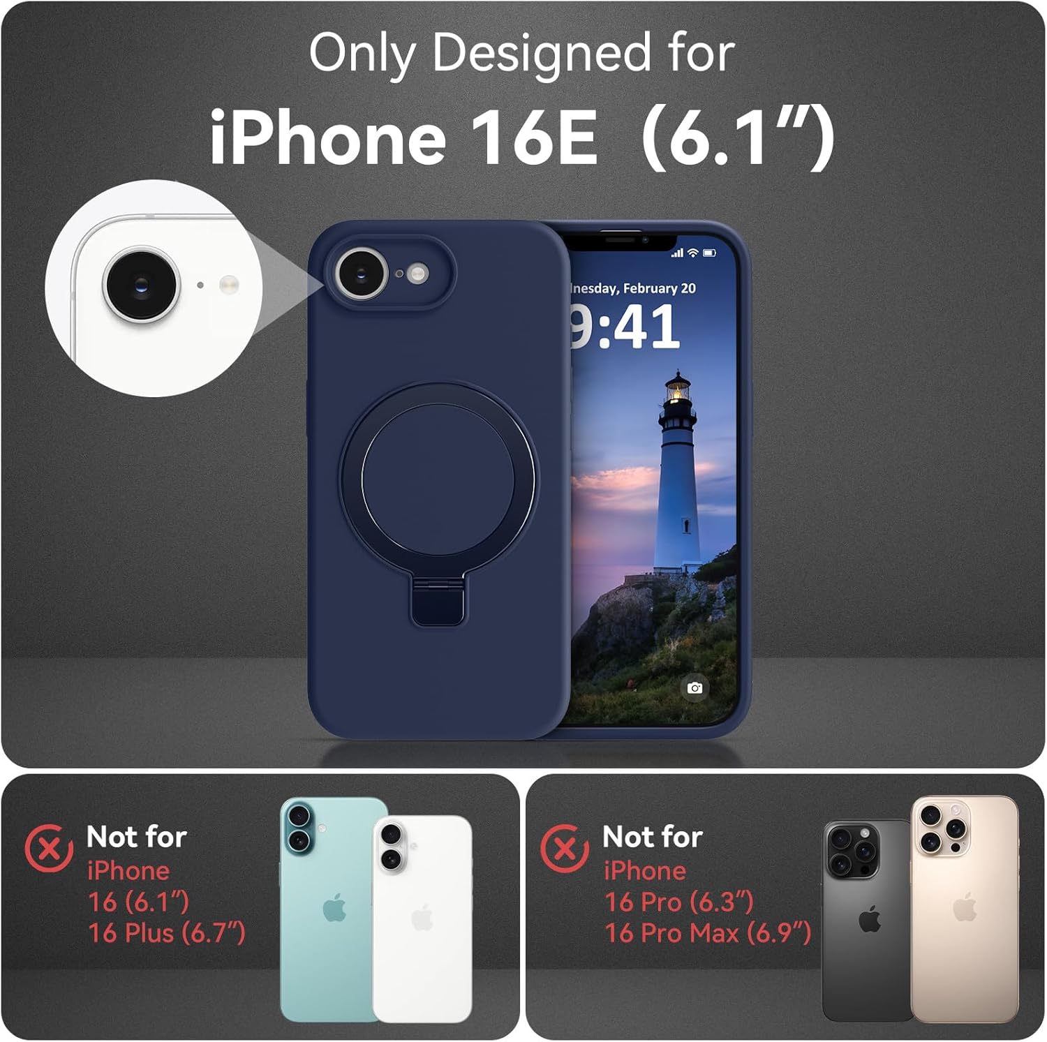 Compatible with iPhone 16e Case Stand, Slim Soft Liquid Silicone Phone Cases Fit for iPhone 16e Compatible with MagSafe Magnetic Ring Kickstand Stand Case Full Camera Protection, Dark Blue - Image 2