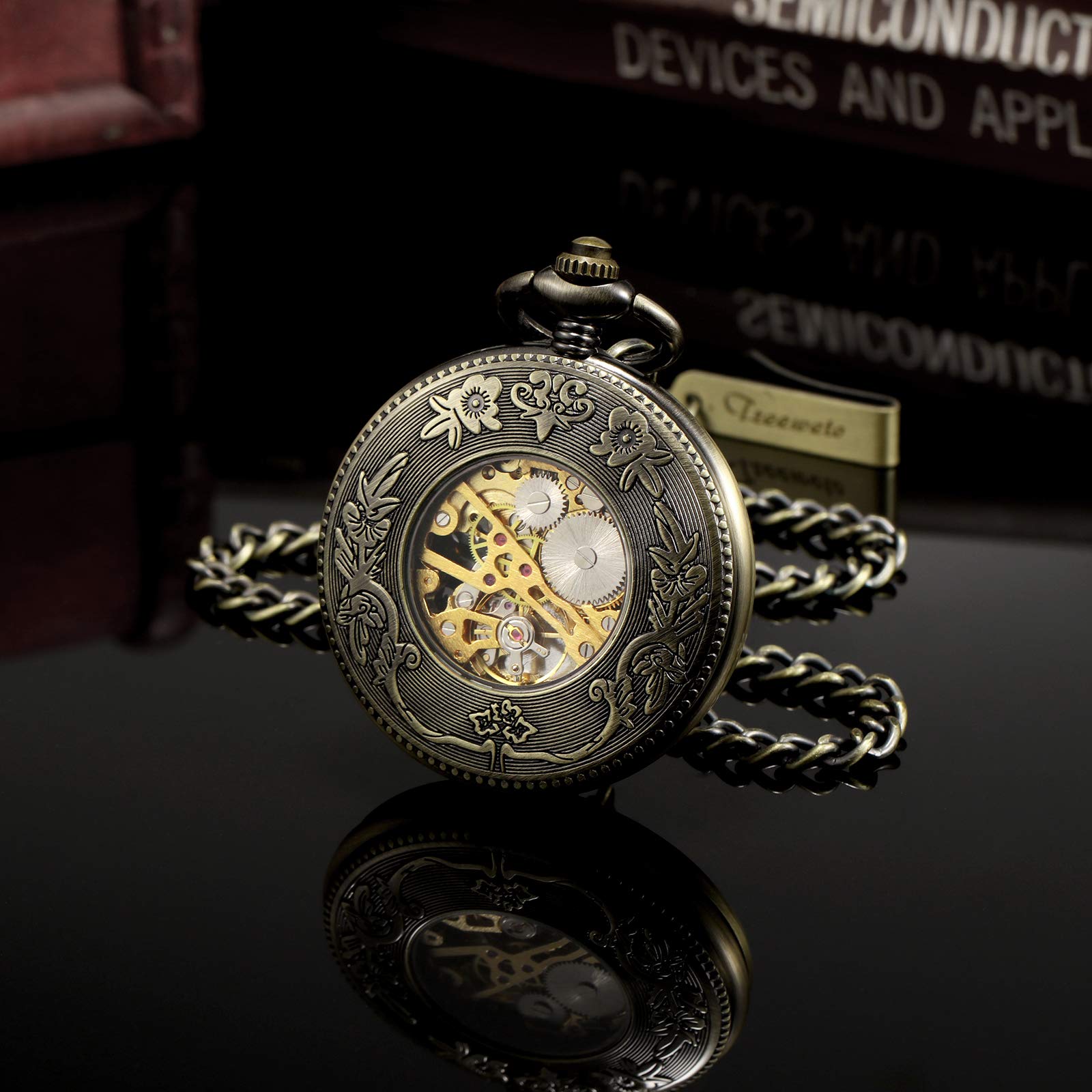 TREEWETO Orologio da taschino da uomo con catena analogica a carica manuale antico drago fenice scheletro bronzo