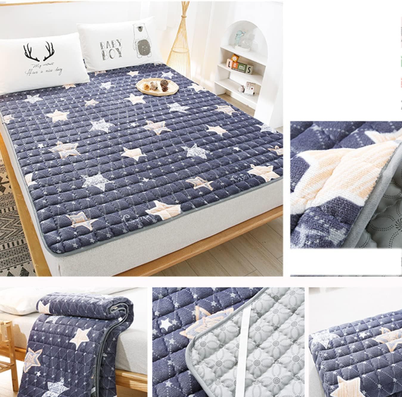 Shikipatto Bed Pad Bluewp Single Size with Elastic Moisture Absorption/Release Water Absorption/Quick Drying Comfortable All Year Round Smooth Touch Dehumidifying Futon (Bluew 180 x 200 cm)