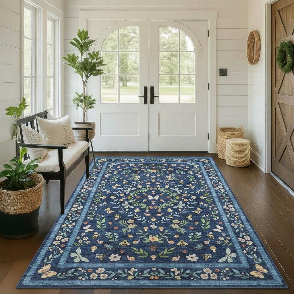 GarveeHome 5x7 Insect Butterfly Non Slip Area Rugs for Living Room Dining Room Bedroom Vintage Floral Machine Washable Soft Indoor Carpet Non-Shedding Stain Resistant Low Pile Rug, Blue