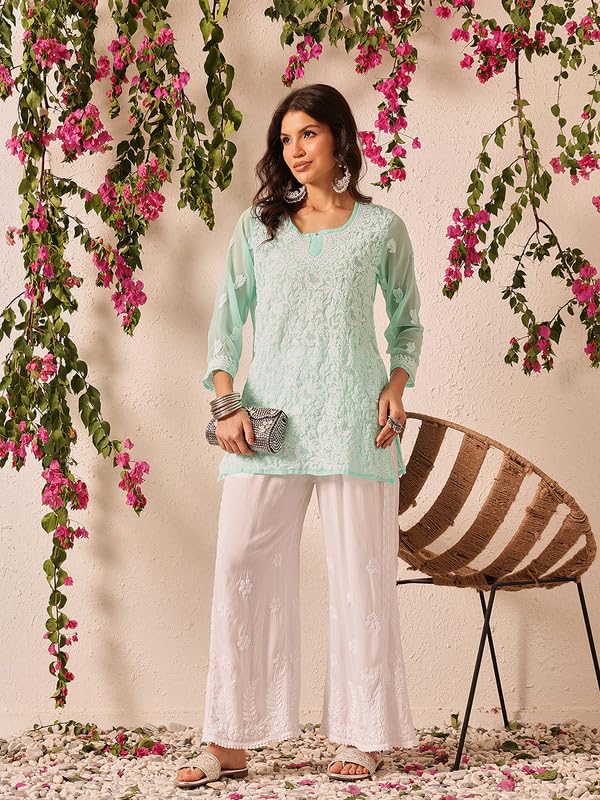Image of Ada Lucknowi Chikankari Hand Embroidered Modal Flared Palazzo for Women A711198