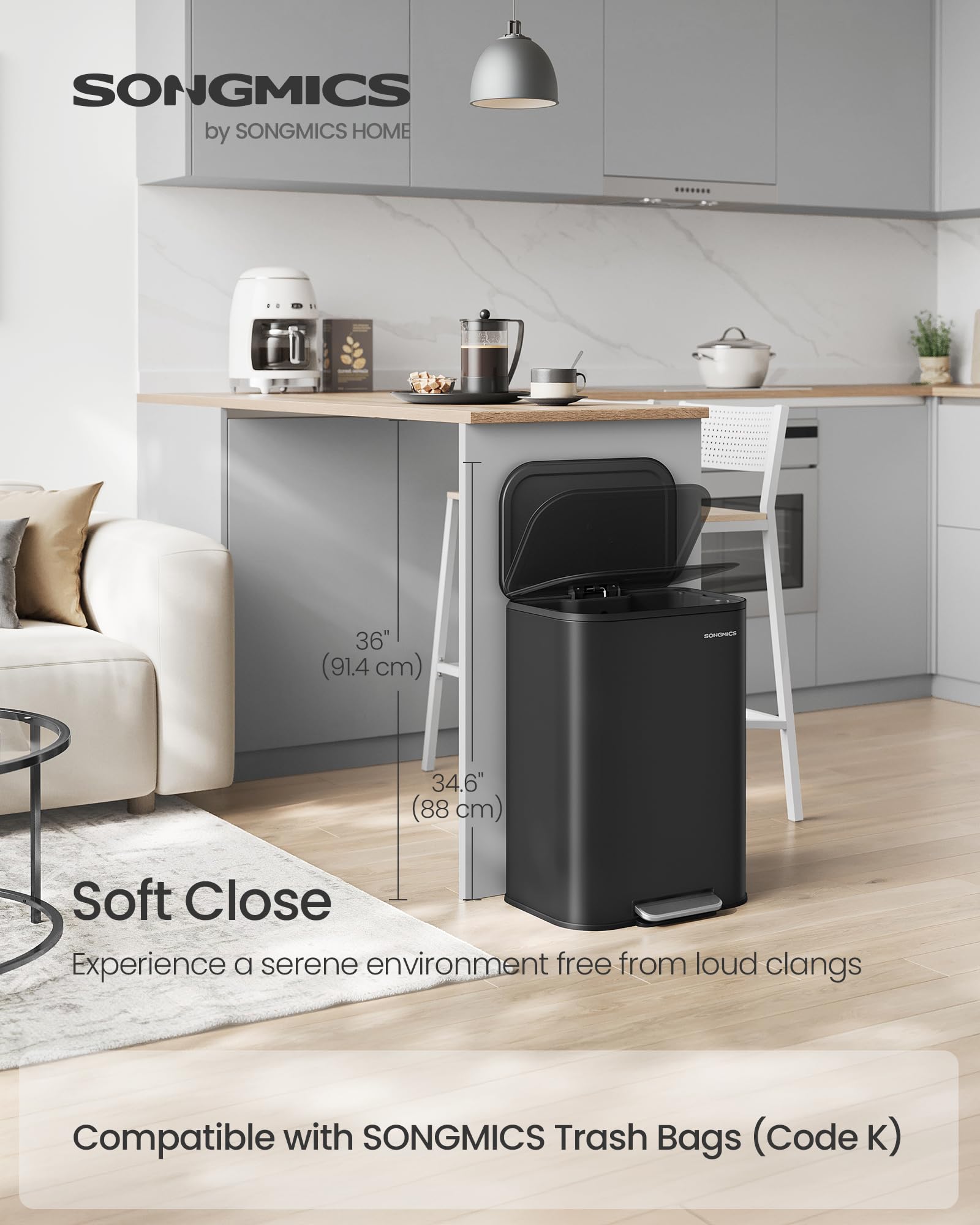 SONGMICS Bote de basura de cocina, cubo de basura de 13 galones con tapa, acero inoxidable, cierre suave y se mantiene abierto, cubo interior, pedal ancho antideslizante, tinta negra ULTB547B01