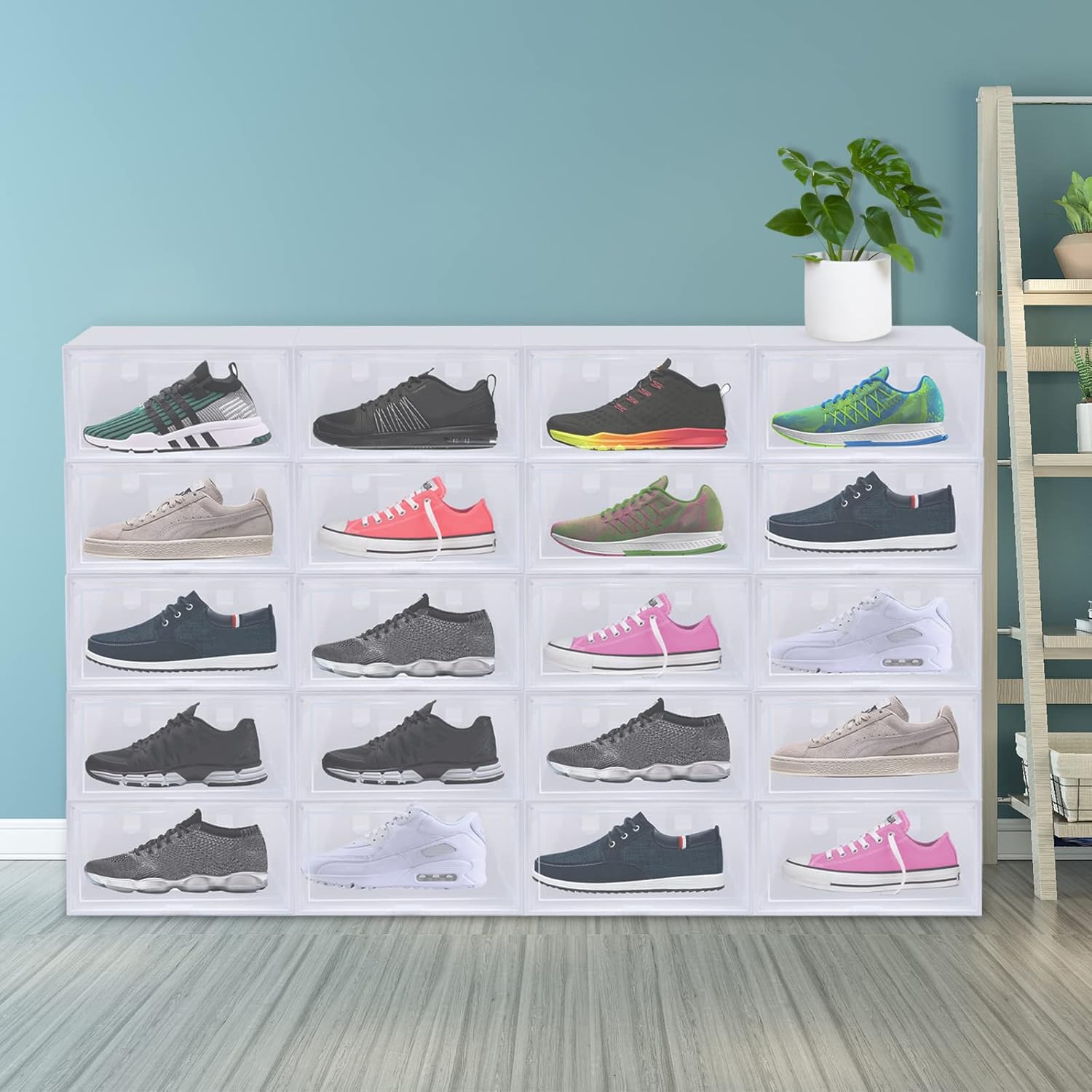 20 Pack Single Door Side-Opening Shoe Boxes – White Stackable Storage Containers for Closet Organization, Home Entryway, Durable Plastic for Families & Sneaker Lovers