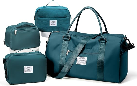 Gym Bag Womens Mens with Shoes Compartment Travel Duffel Bag for Women for Plane Sport Gym Tote Bags Swimming Yoga Weekend Overnight Carry on Bag Hospital Holdalls 4Pcs Set Peacock Blue