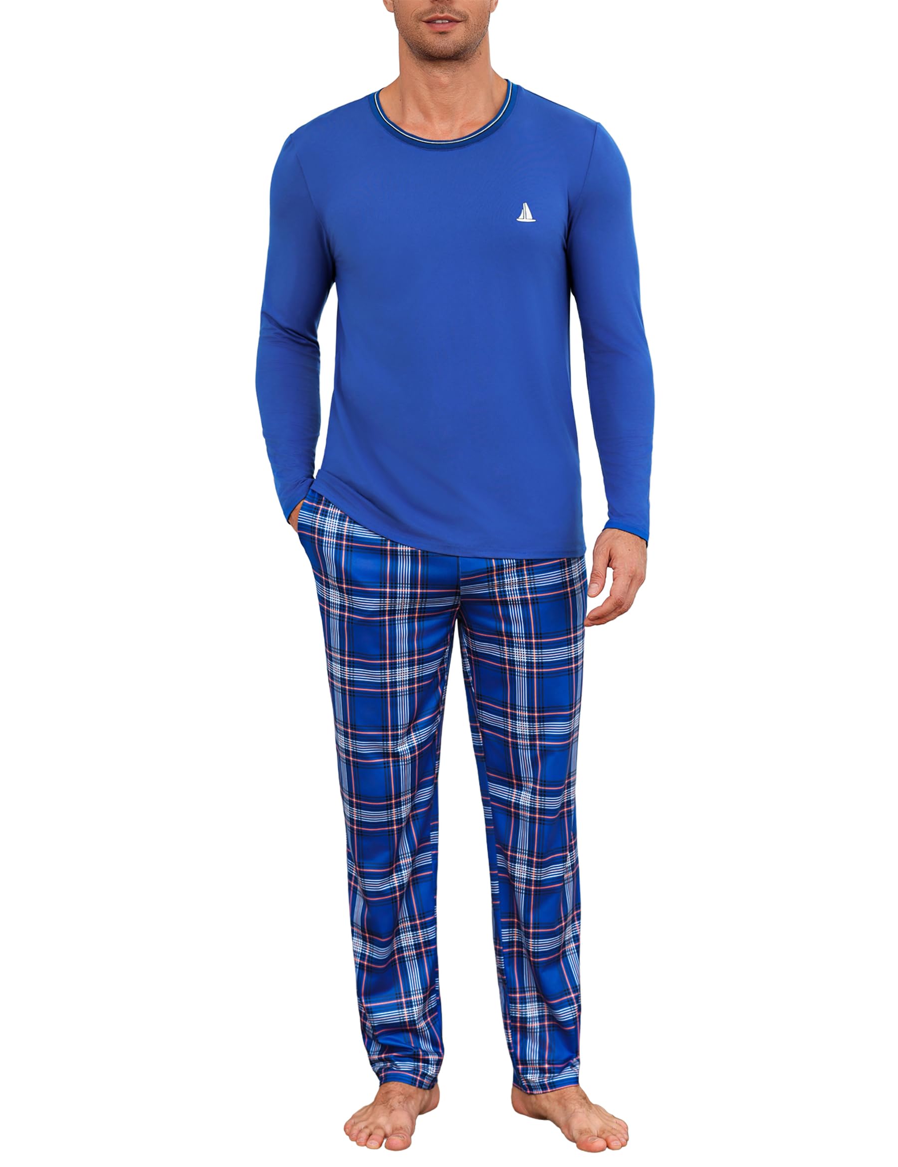 Jahetuul Men's Pyjamas Sets Cotton Long Sleeve Pjs for Men Loungewear Set Solid Top and Pl...