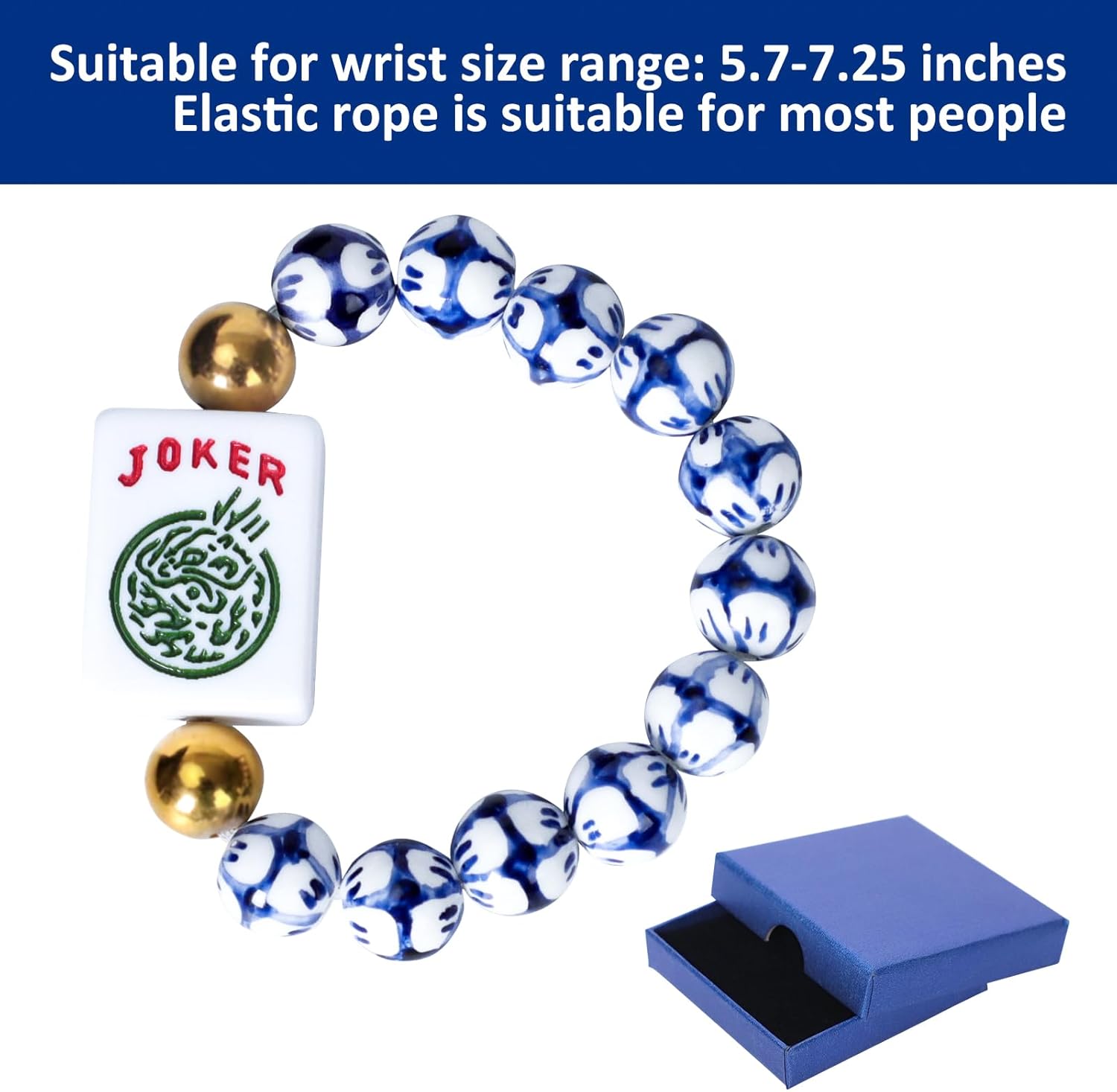 Jongyance American Mahjong Accessory (Blue and White) with A Joker Tile, Fits Wrist Sizes Ranging from 5.7 to 7.25 Inches