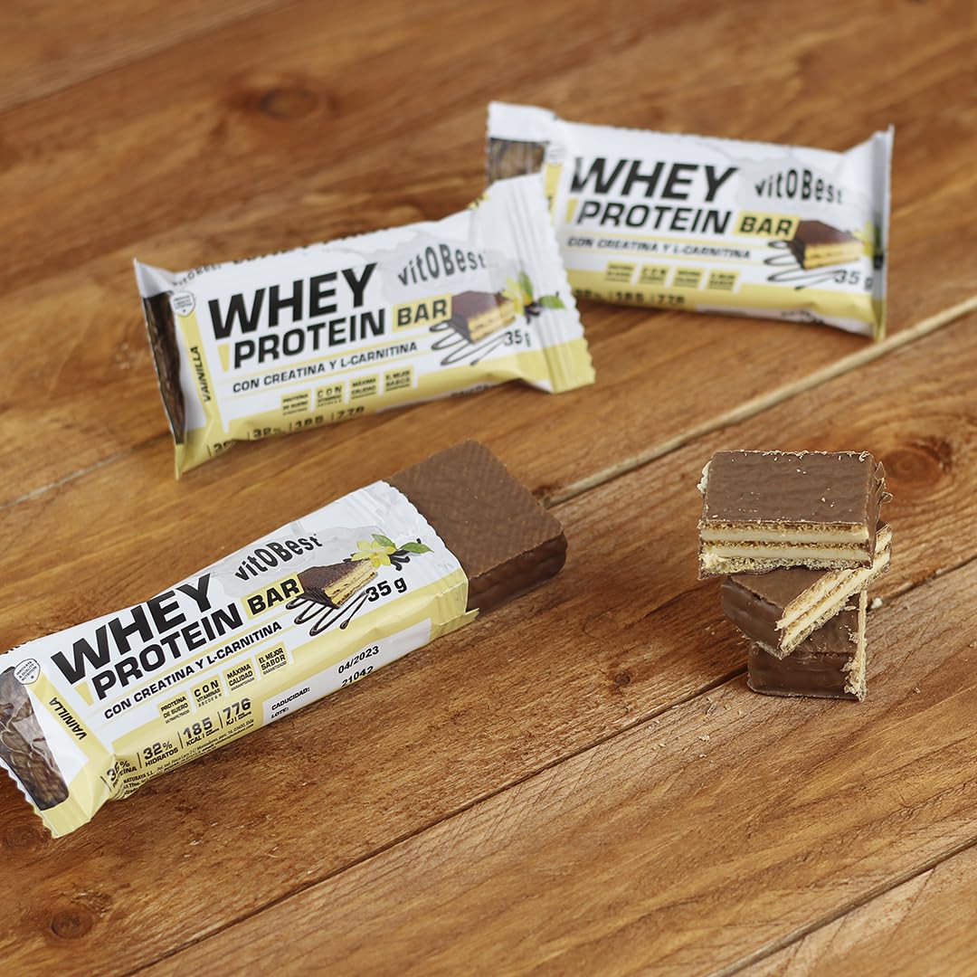 VITOBEST | Barritas Whey Protein Bar | Contribuye a aumentar y conservar la masa muscular | Relleno de mousse aromatizado y cobertura de chocolate con leche | Sabor Chocolate - 25 barritas x (35 g)