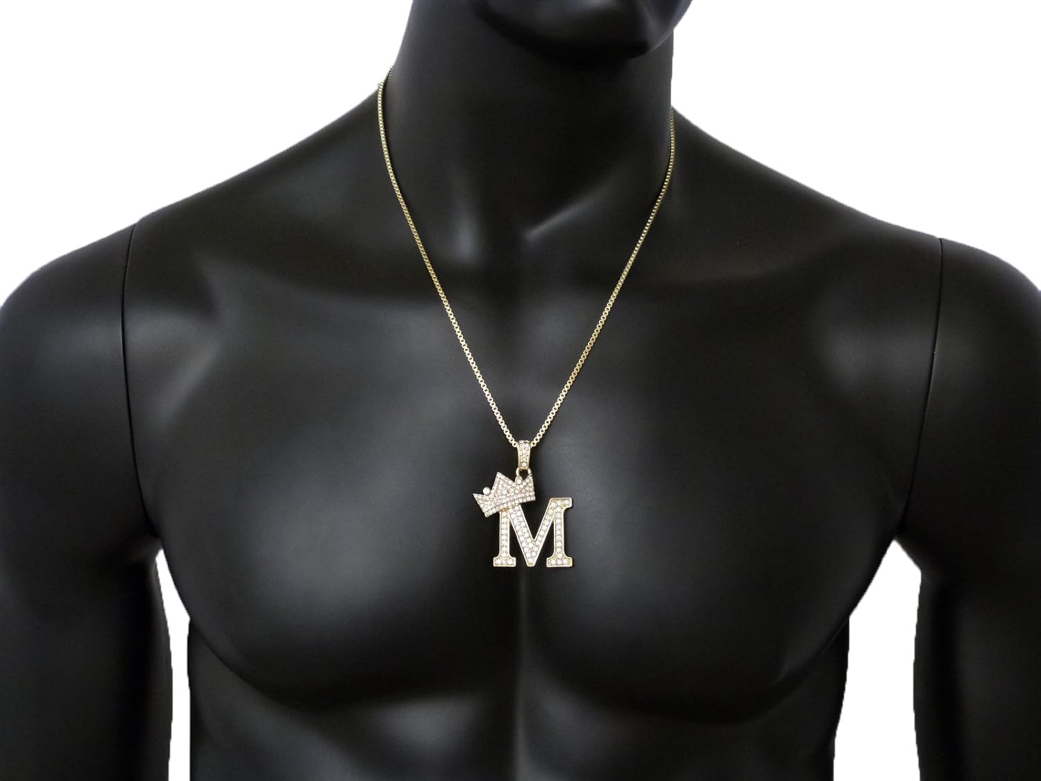 Fashion 21 King Crown Alphabet M Pendant 24 inches Various Chain Necklace in Gold, Silver Tone (Gold / 2mm 24" Box Chain)