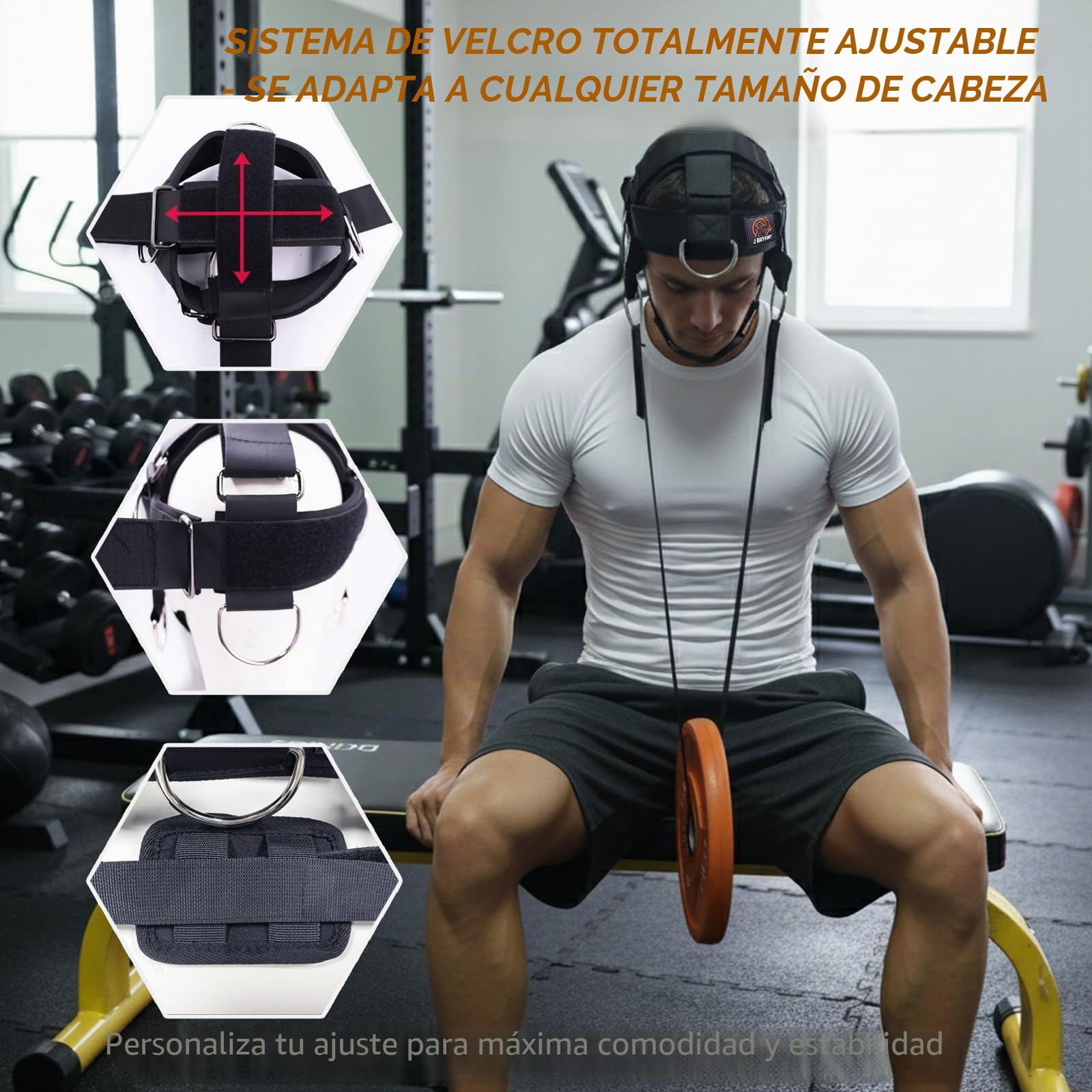 J Bryant Arnés de cuello con banda de resistencia – Entrenador de fuerza de cuello de 360° para gimnasio y entrenamientos en casa, arnés de cabeza ajustable con correa de barbilla (sistema de polea)