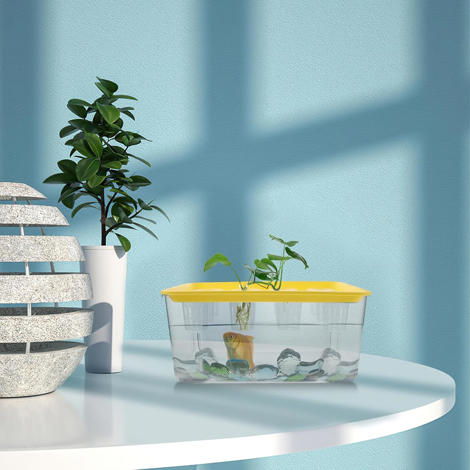 IMIKEYA Eco Goldfish Tank with Lid, Hydroponic Grow Box Mini Aquarium Planter, Yellow Small Fish Bowl for Indoor Aquatic Plants and Freshwater Fish, Living Room Decor