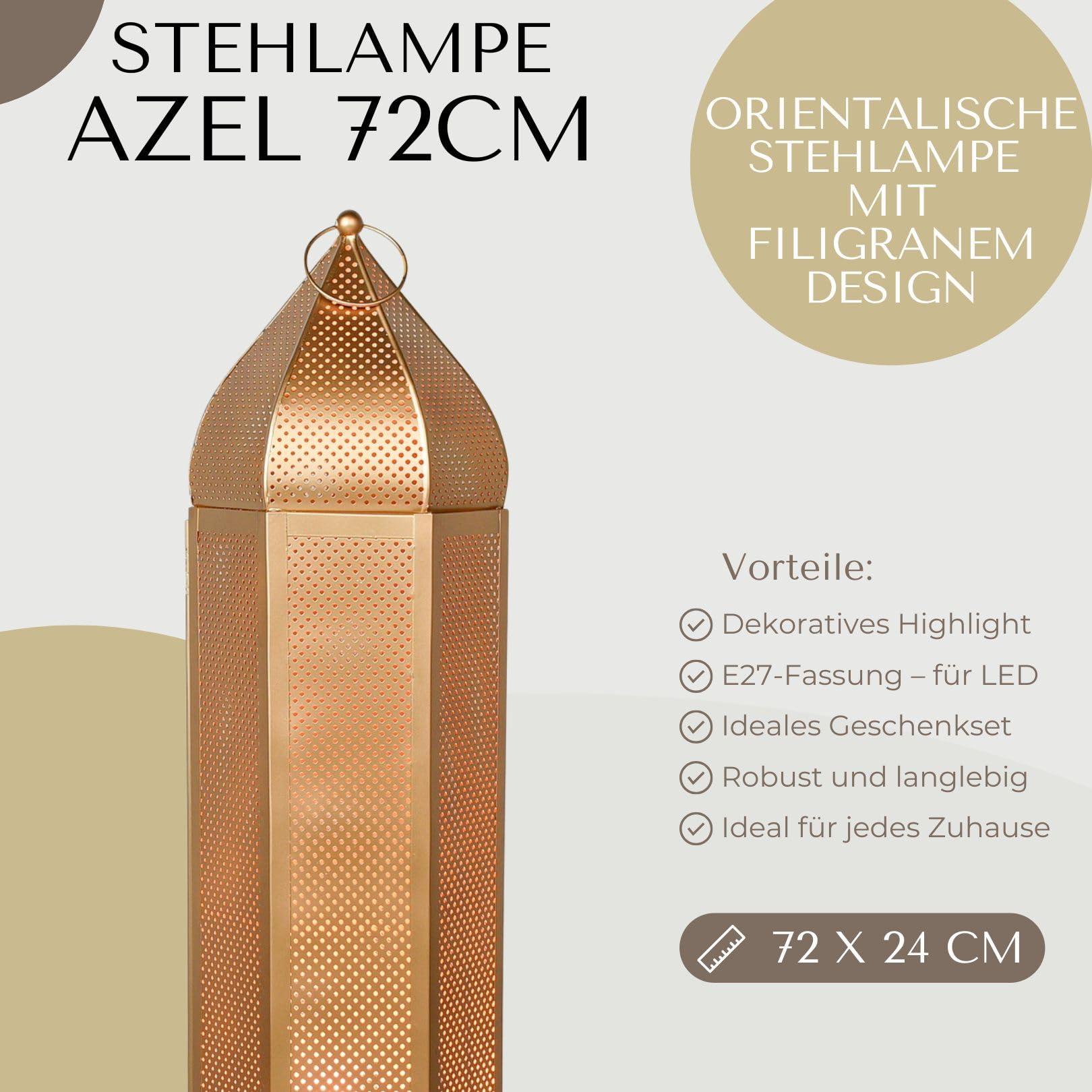 Orientalische Stehlampe Azel aus Metall in Gold Boho 72 cm Wohndeko