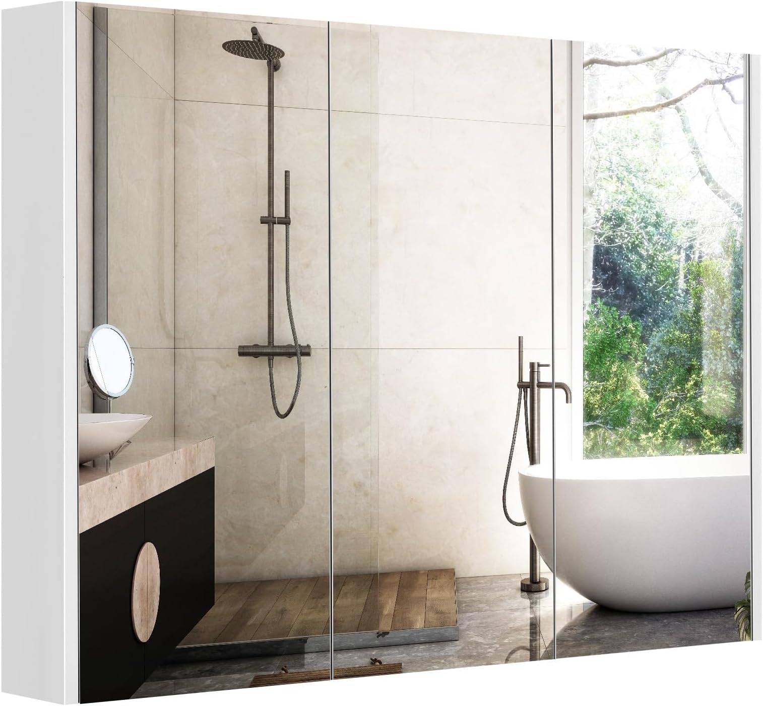 Tangkula Medicine Cabinet with Mirror, Frameless Bathroom Wall Mounted Cabinet with 3 Doors and Adjustable Shelves, Storage, Recess or Surface Mount Installation