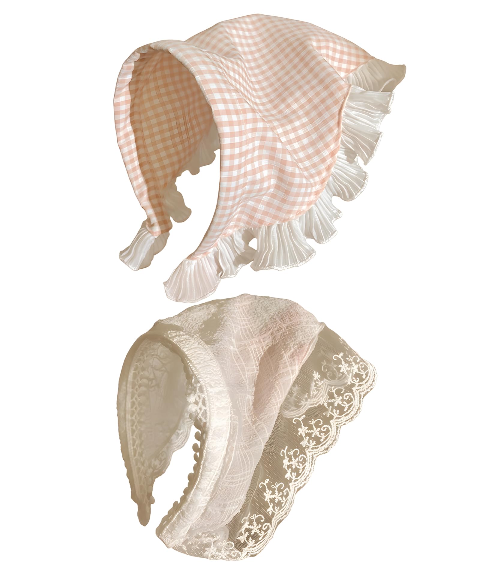 2PCS Bandanas for Women, Lace Headband Scarf Set, Stylish Hair Accessories for Girls and Women, White and Pink Checkered Design, Ideal for Special Occasions, Garden Parties, and Beach Vacations