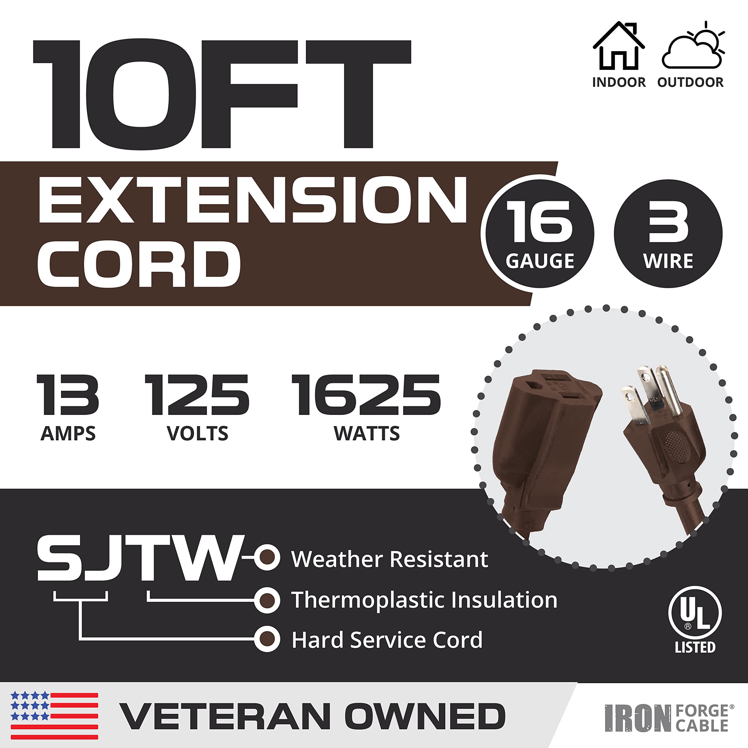 Iron Forge - Cable de extensión café para exteriores de 10 pies, cable resistente 16/3 con enchufe a tierra de 3 puntas para seguridad, 15 amperios para jardín, césped, herramientas y