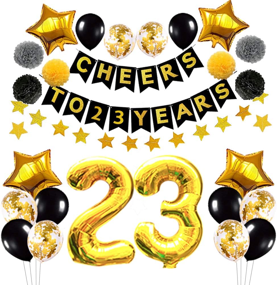 23rd Birthday Decorations Balloons，23rd Anniversary Party Decorations,Black Gold Cheers to 23 Years Banner, Gold Star Banner 4m, Confetti &Latex Balloons, Gold Star Balloons 18inch