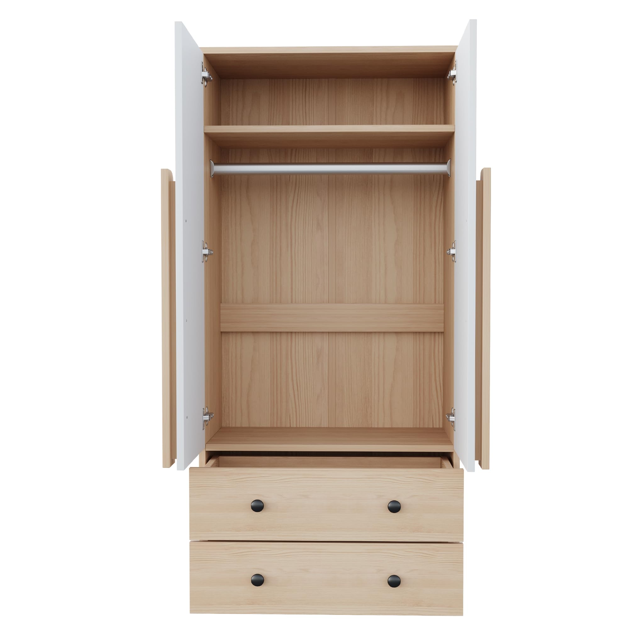 Armadio 70 x 40 x 170 cm, design a doppia ante, con cassetti e ripiani, colore legno + bianco