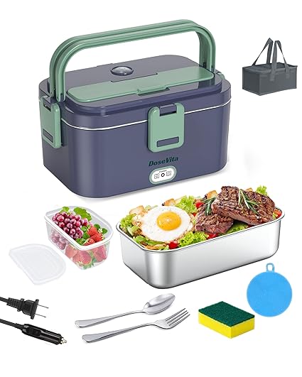 Dosevita Electric Lunch Box for Adults, 1.8 Large Heated Lunch Box, Faster Heating 3 in 1 Lunch Box Warmer Portable for Work/Car/Truck with Spoon & Fork, Carry Bag and 2 Cleaning Sponges