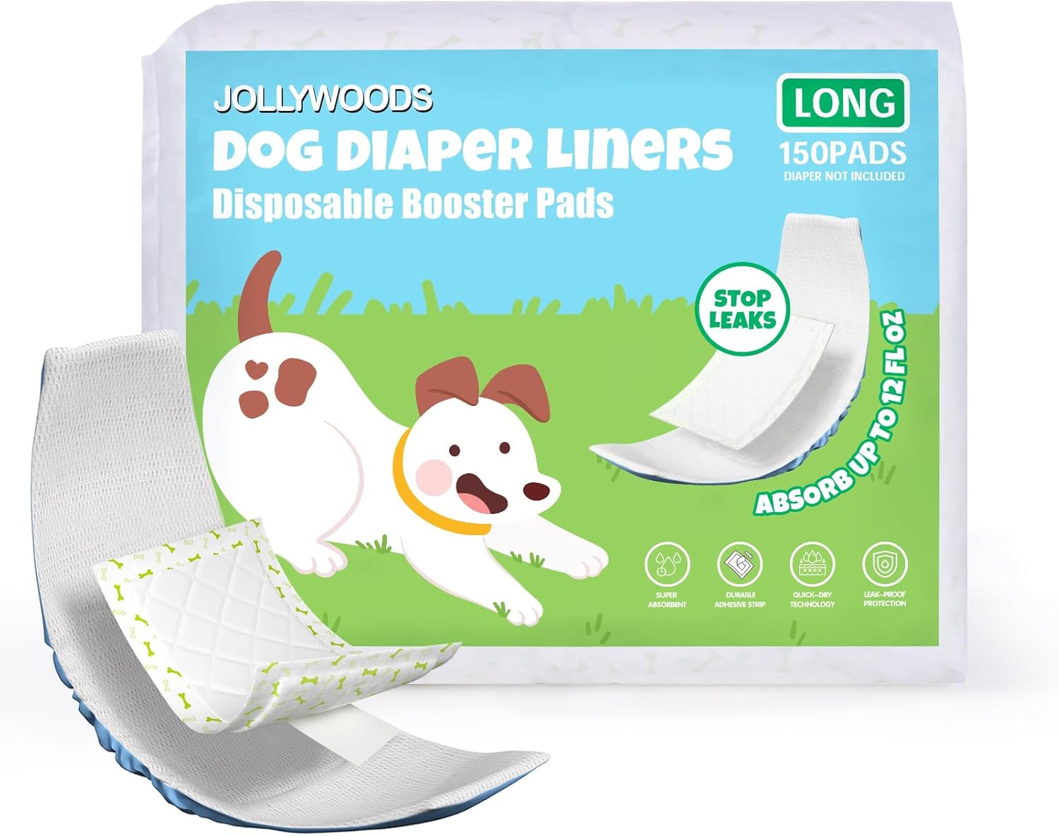 Jollywoods Dog Diaper Liners Booster Pads for Male & Female Dogs, Disposable Doggie Diaper Inserts Fit Dog Belly Bands and Male Wraps, Super Absorbent and Leakproof Long-150Count
