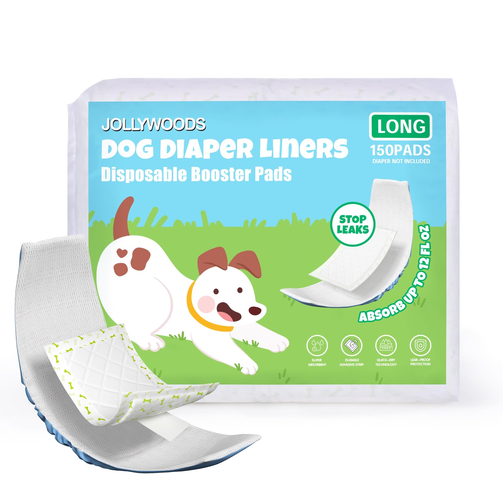 Jollywoods Cubrepañales para perros, almohadillas elevadoras para perros machos y hembras, insertos desechables para pañales para perros, bandas para el vientre y envolturas machos, súper absorbentes