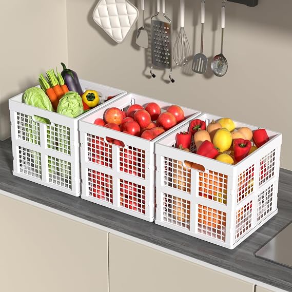 Sadstory 36 L Plastic Folding Storage Crate, Collapsible Crates, 3 Packs