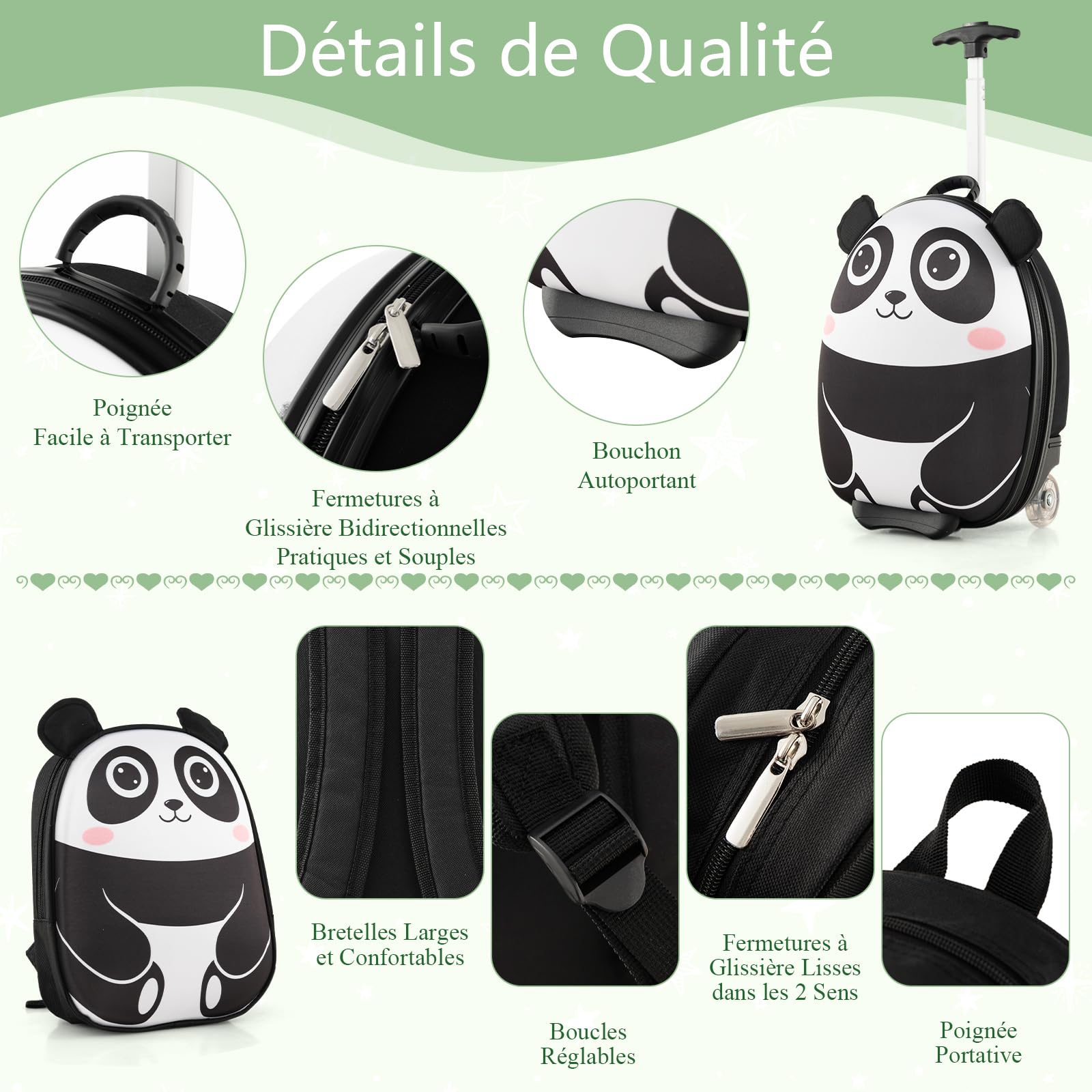 SOARS Valise Enfant 16" + Sac à Dos 12", Valise Cabine Enfant à roulettes avec Poignée Télescopique à 3 Niveaux, Matériau Robuste Léger de 1,5 KG, Valise Enfant Fille &Garçon 3+ Ans, Panda