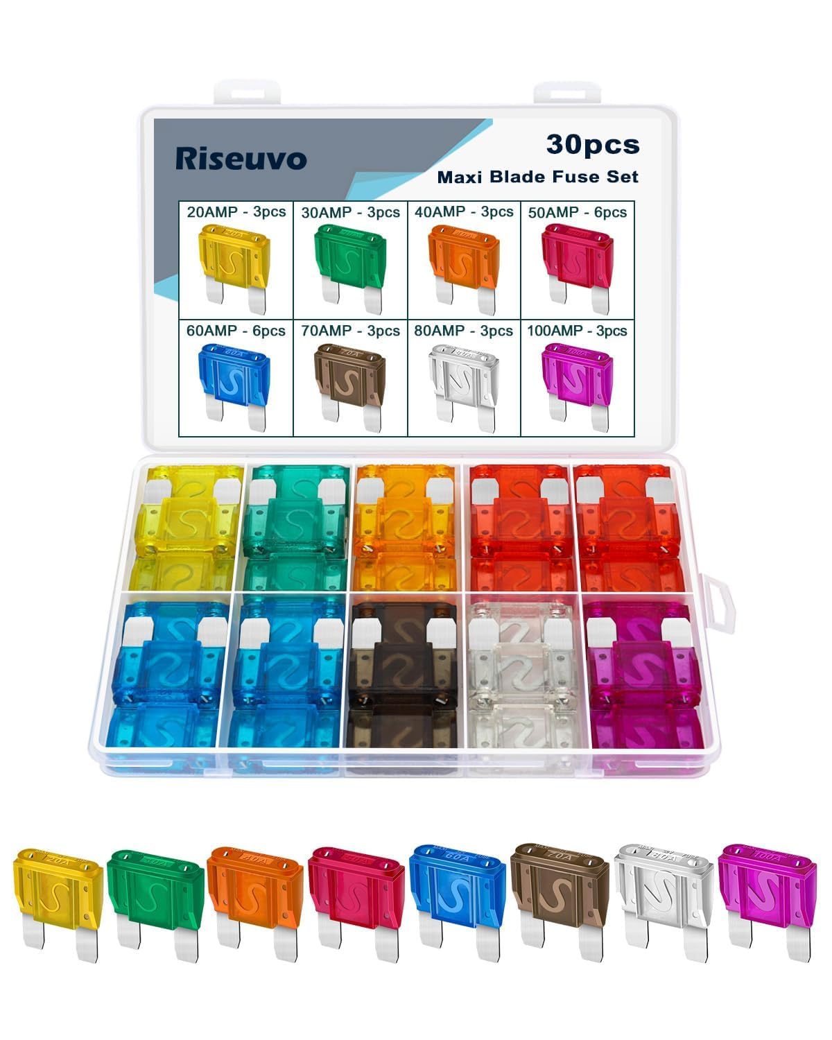 30 Pcs Maxi Fuses Assortment Kit - 32V Blade Automotive Fuse for Auto, Car, Truck, RV (20A, 30A, 40A, 50A, 60A, 70A, 80A, 100A)