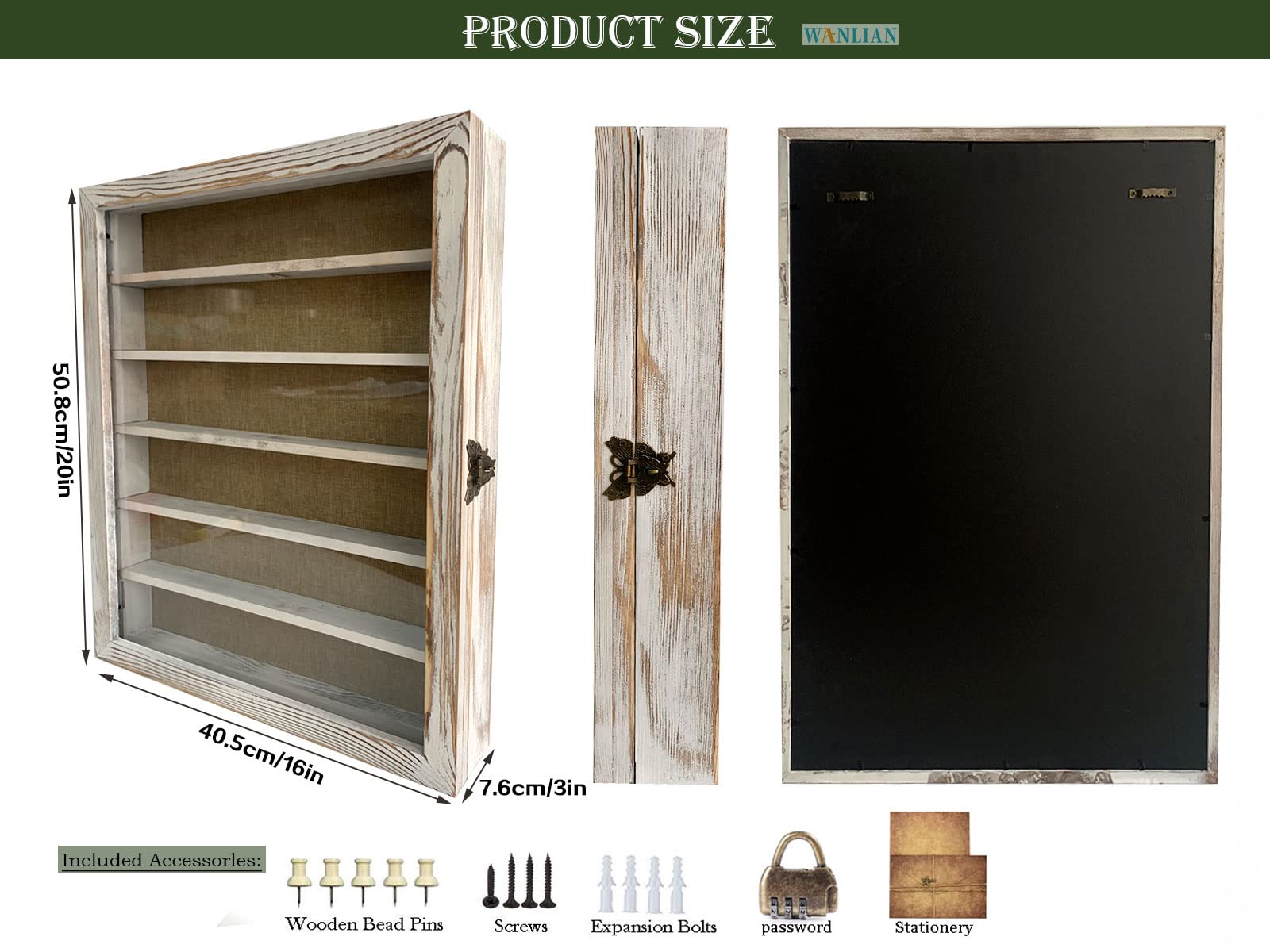 WANLIAN Sunglasses Organizer Storage Wall Mounted?16x20 Inch Eyeglasses Display Case ?with 5 Removable Shelves ?for Display Sunglasses Large Glasses ?Holds 12 Pairs of ?Rustic White?