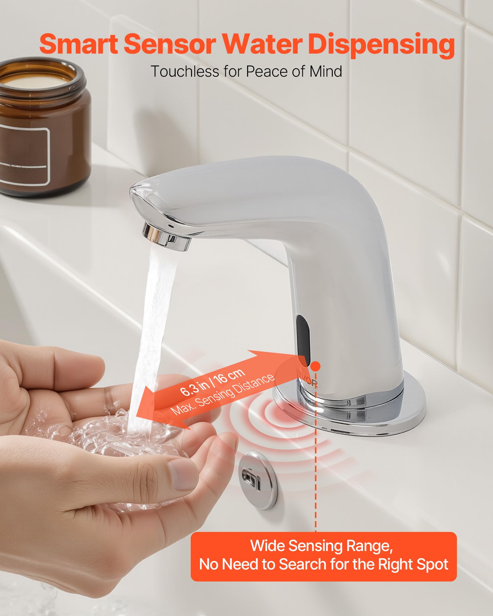 VEVOR Grifo de Lavabo sin Contacto para Baño, Latón, con Sensor y Tapa, a Pilas, Grifo para Inodoro y Lavabo, Robusto y Resistente a la Oxidación, Plata Cromada, 160 x 45 x 145 mm, 7,6 L/min