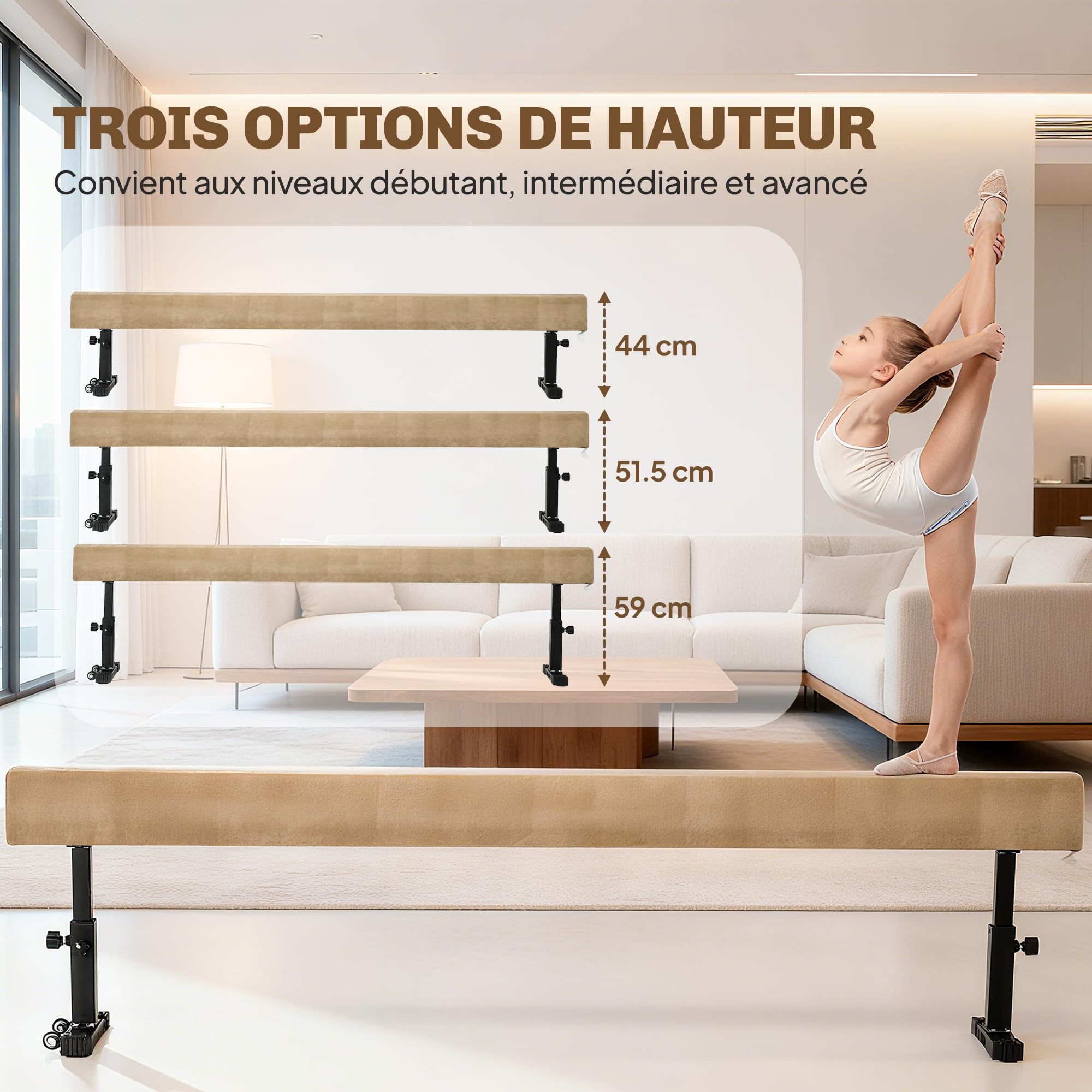 HOMCOM Poutre de Gymnastique 226 cm Antidérapant, Hauteurs Réglables, Poutre d'Équilibre avec roulettes, en Acier et Bois Massif, pour Entraînement à l'Équilibre, Marron