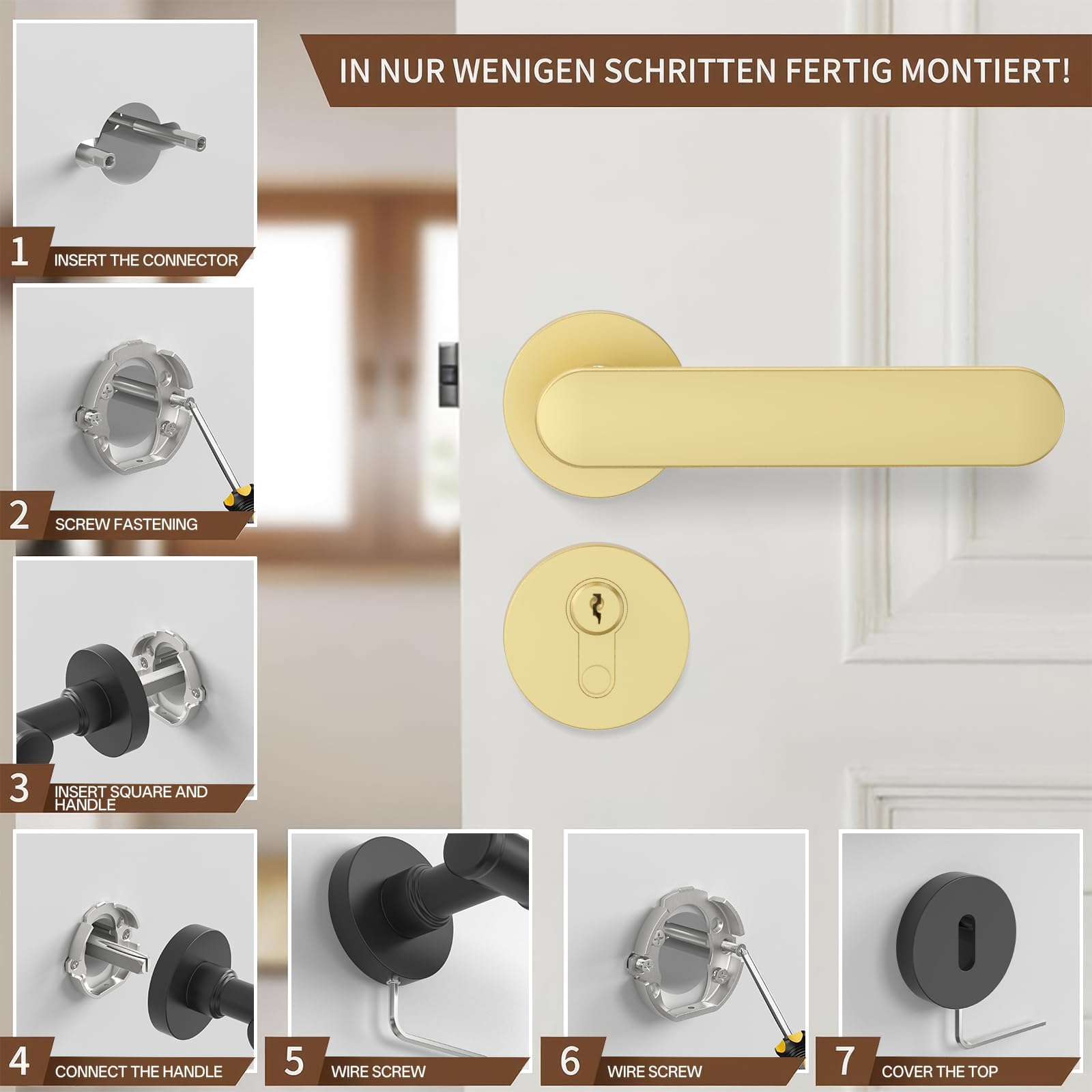 Amerdeco Manilla de Puerta Dorado de Aluminio – Conjunto PZ para Puerta Principal, Manilla Puerta de Entrada Blindada UK0054